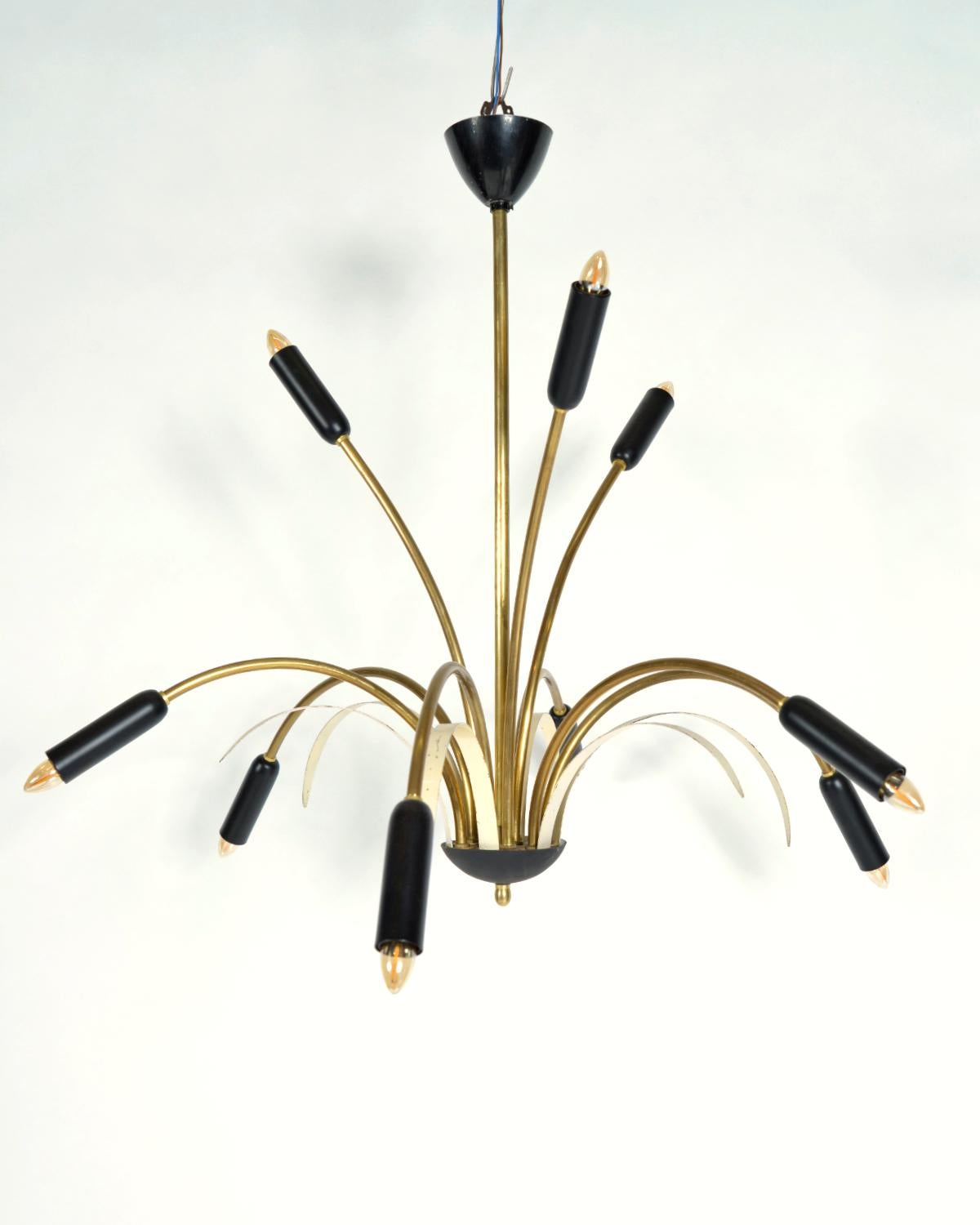 20th Century Midcentury Stilnovo 9-Arm Italian Spider Pendant Light Brass Copper Sputnik 1950 For Sale