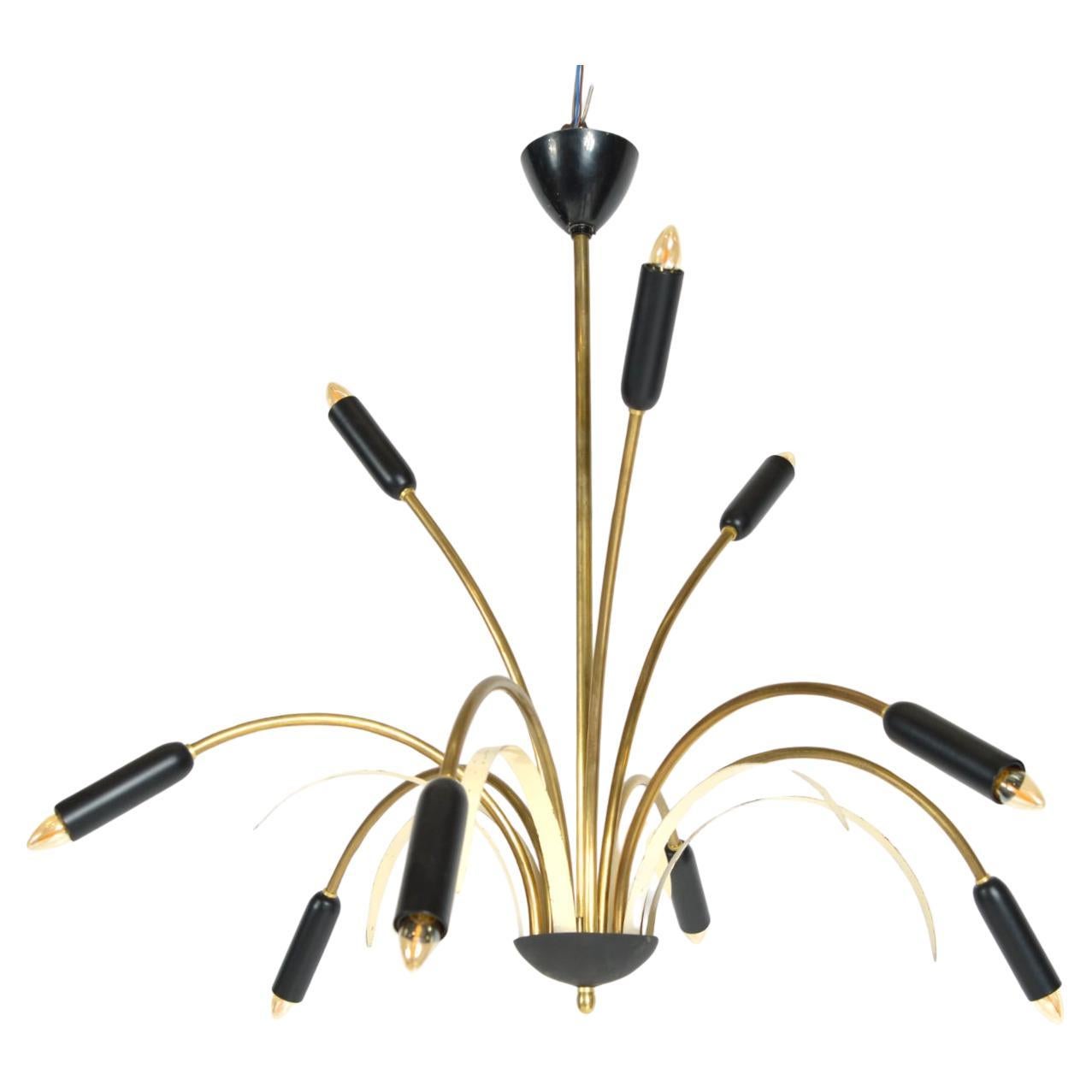 Midcentury Stilnovo 9-Arm Italian Spider Pendant Light Brass Copper Sputnik 1950 For Sale