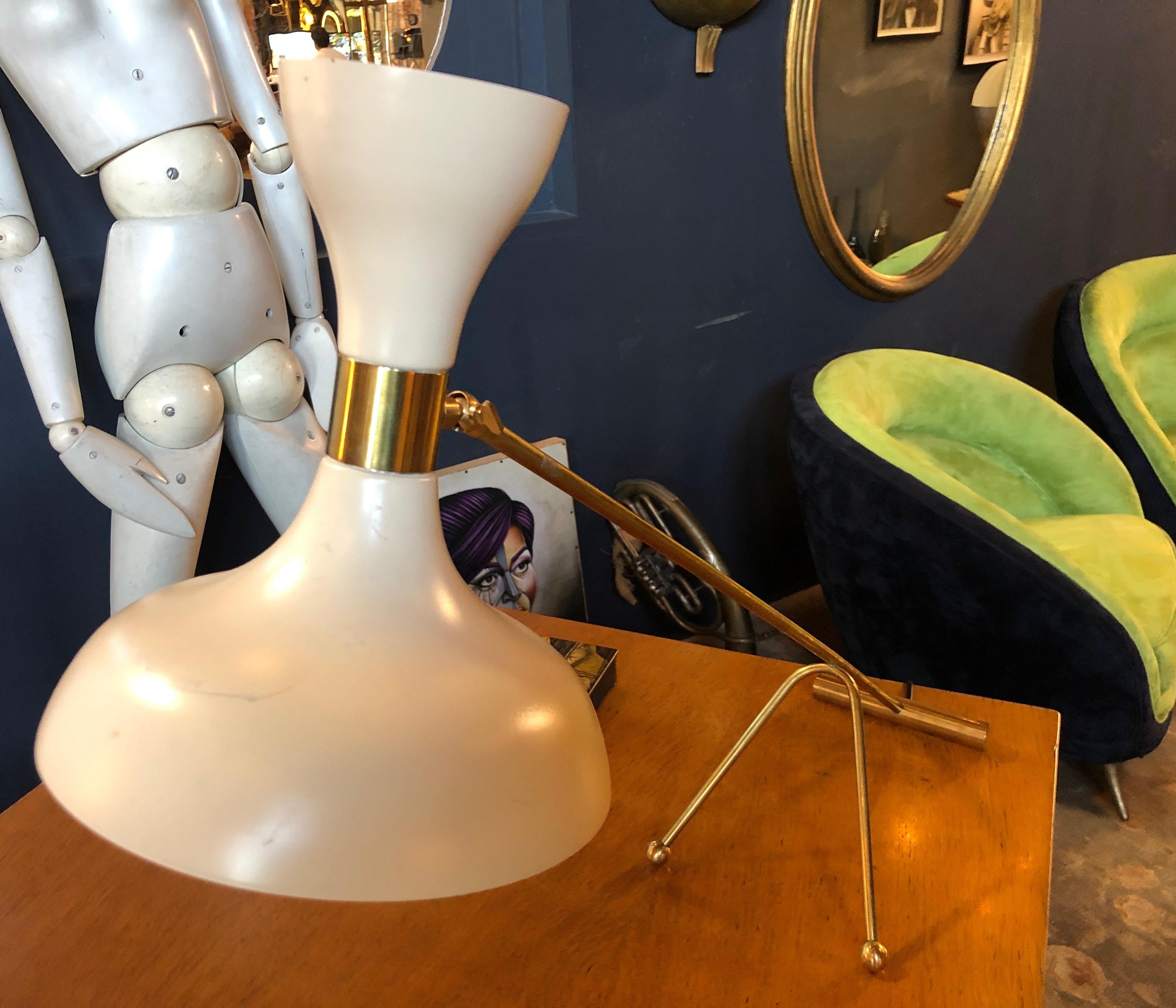 Mid-20th Century Midcentury Stilnovo Adjustable White Table Lamp in Brass, Italy, 1960s