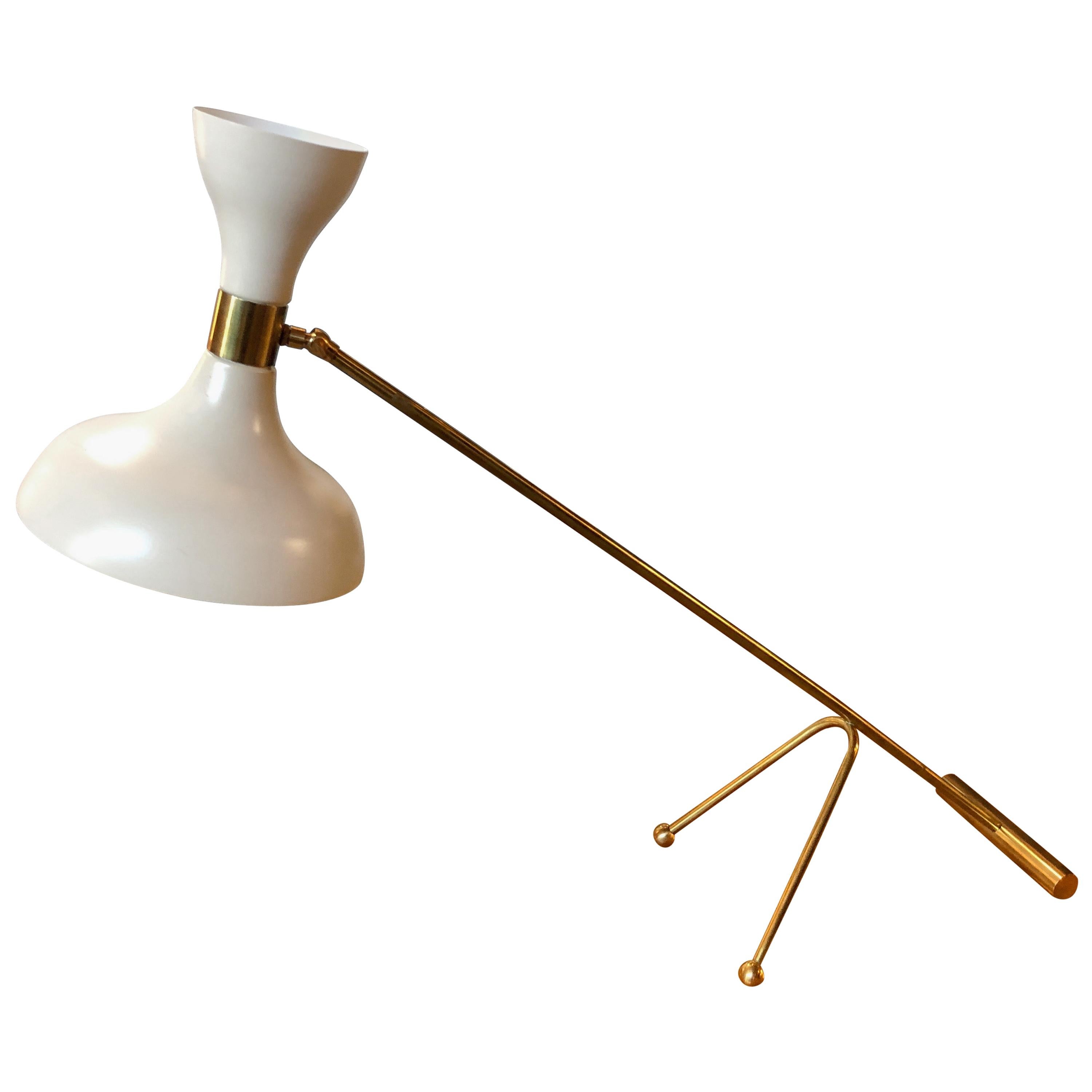 Midcentury Stilnovo Adjustable White Table Lamp in Brass, Italy, 1960s