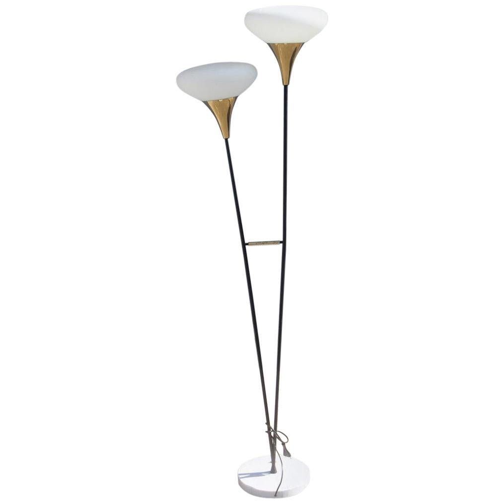 Midcentury Stilnovo Floor lamp Brass Gold Glass White Black Iron 1960s Marble