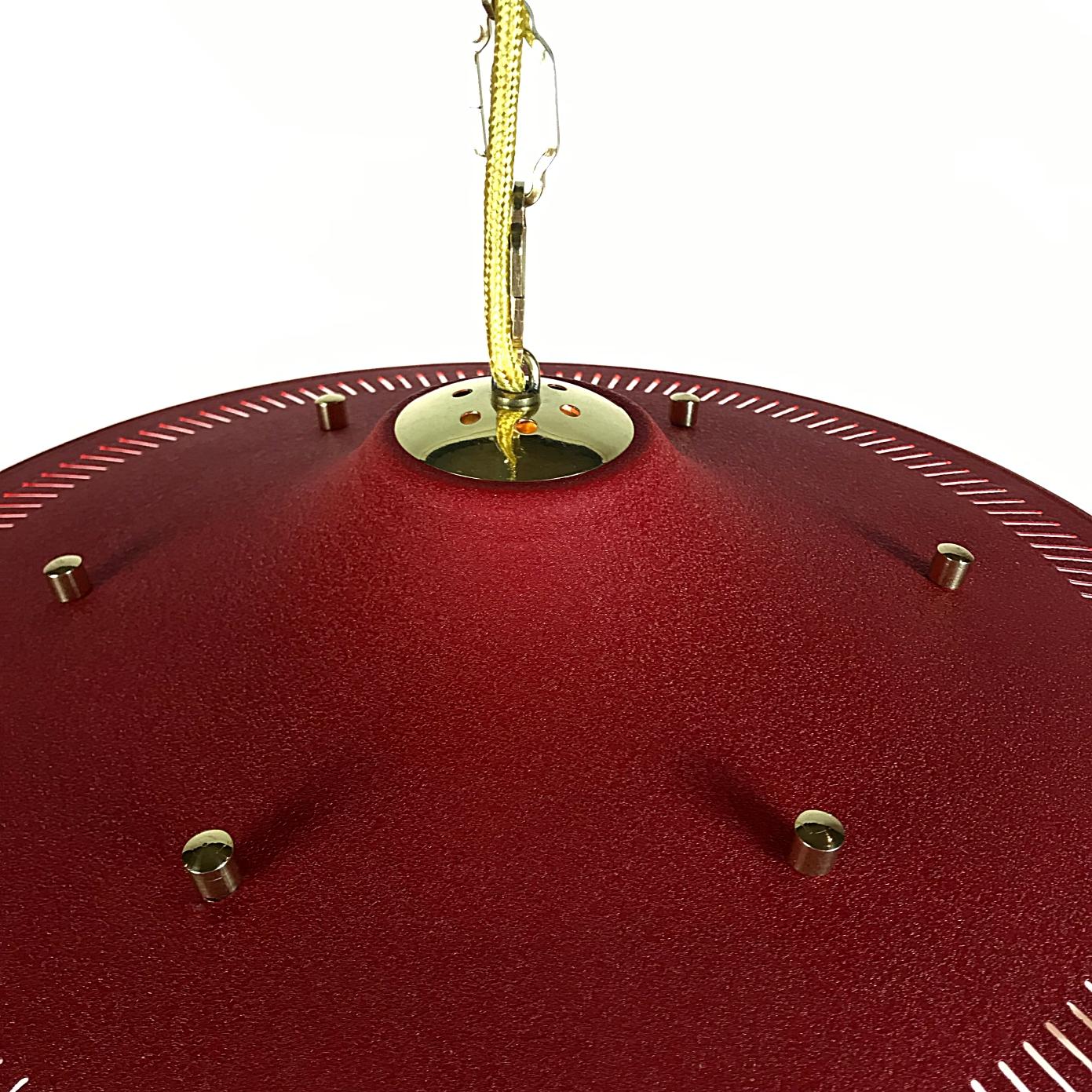 Beautiful Mid-Century Modern lantern manufactured by Stilnovo in 1950s. This lamp is a striking appearance in any room. Due to the sublime combination of opal glass, brass and red wrinkle lacquered shade - this lamp is a perfect representation of