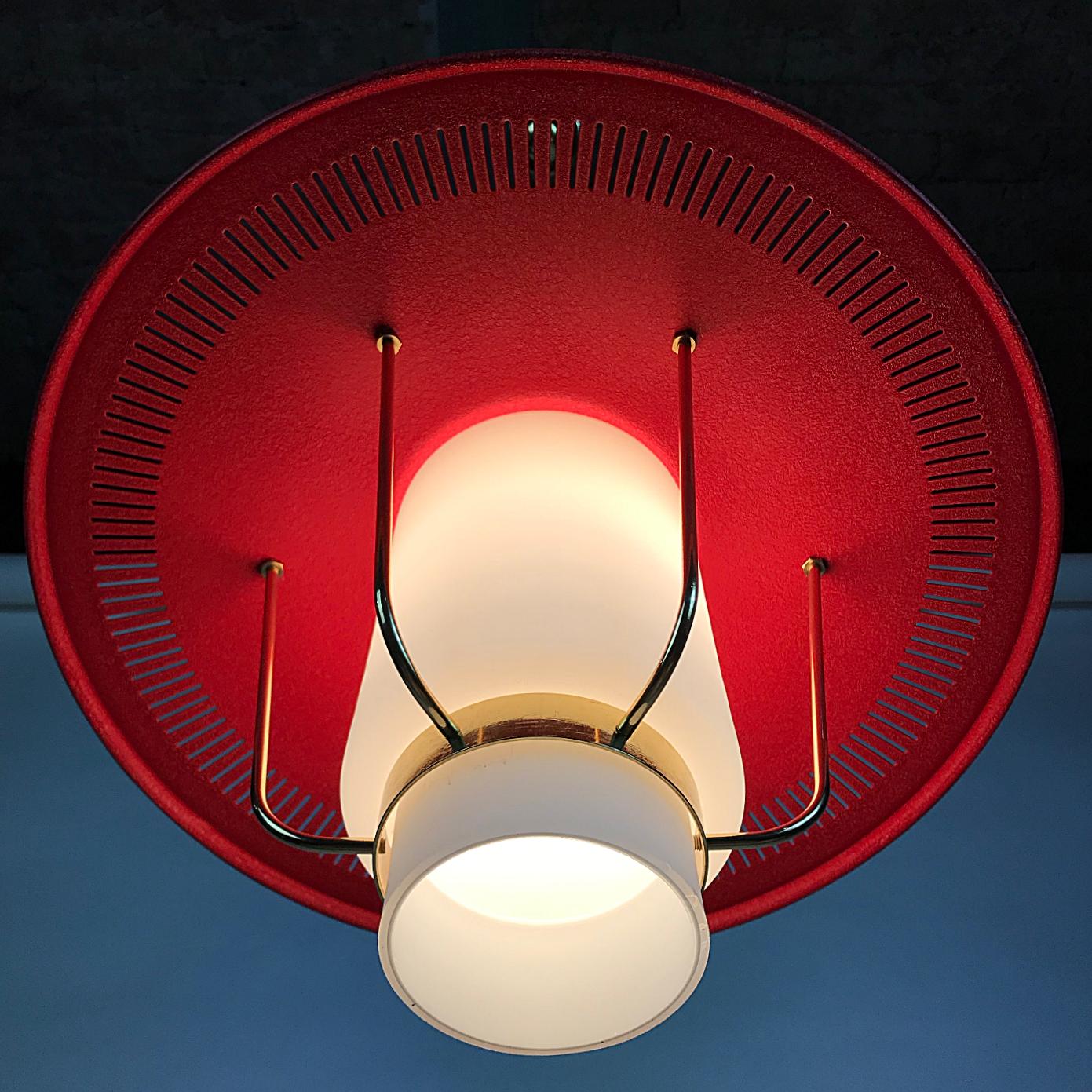 Italian Midcentury Stilnovo Lantern Brass & Red Lacquered Shade, 1950s, Italy For Sale