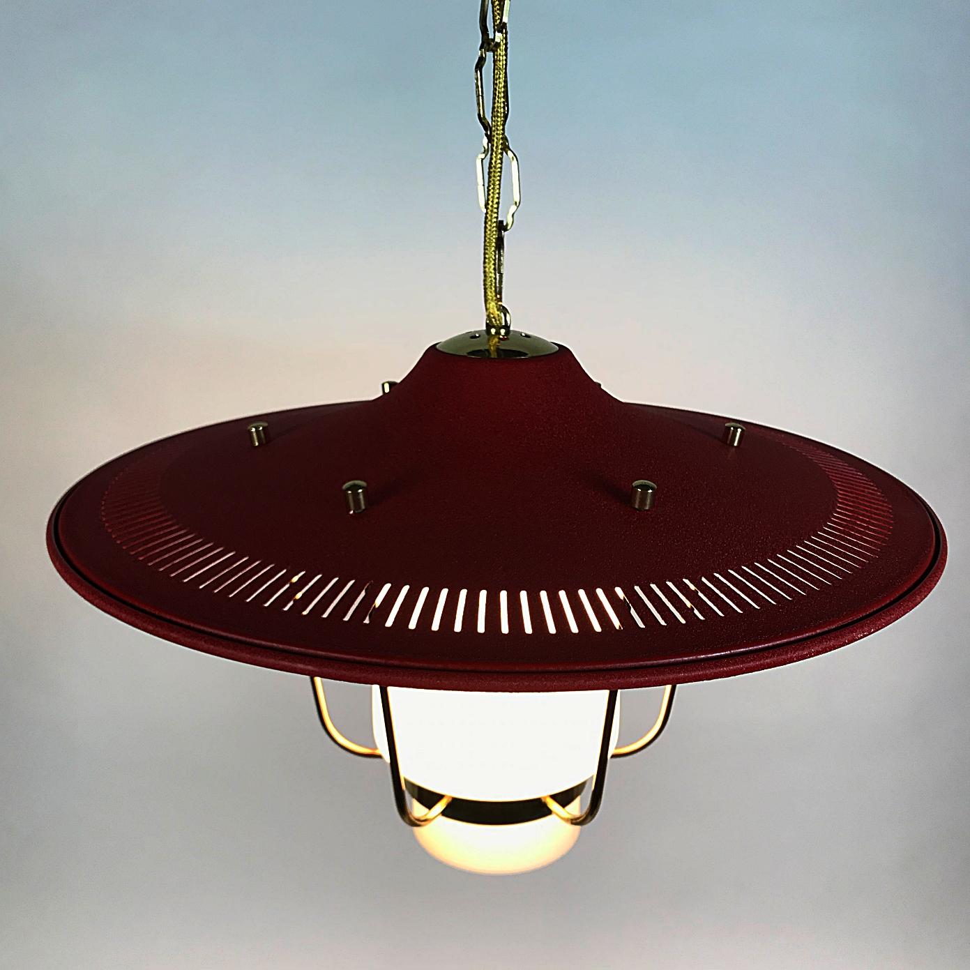 Opal Midcentury Stilnovo Lantern Brass & Red Lacquered Shade, 1950s, Italy For Sale