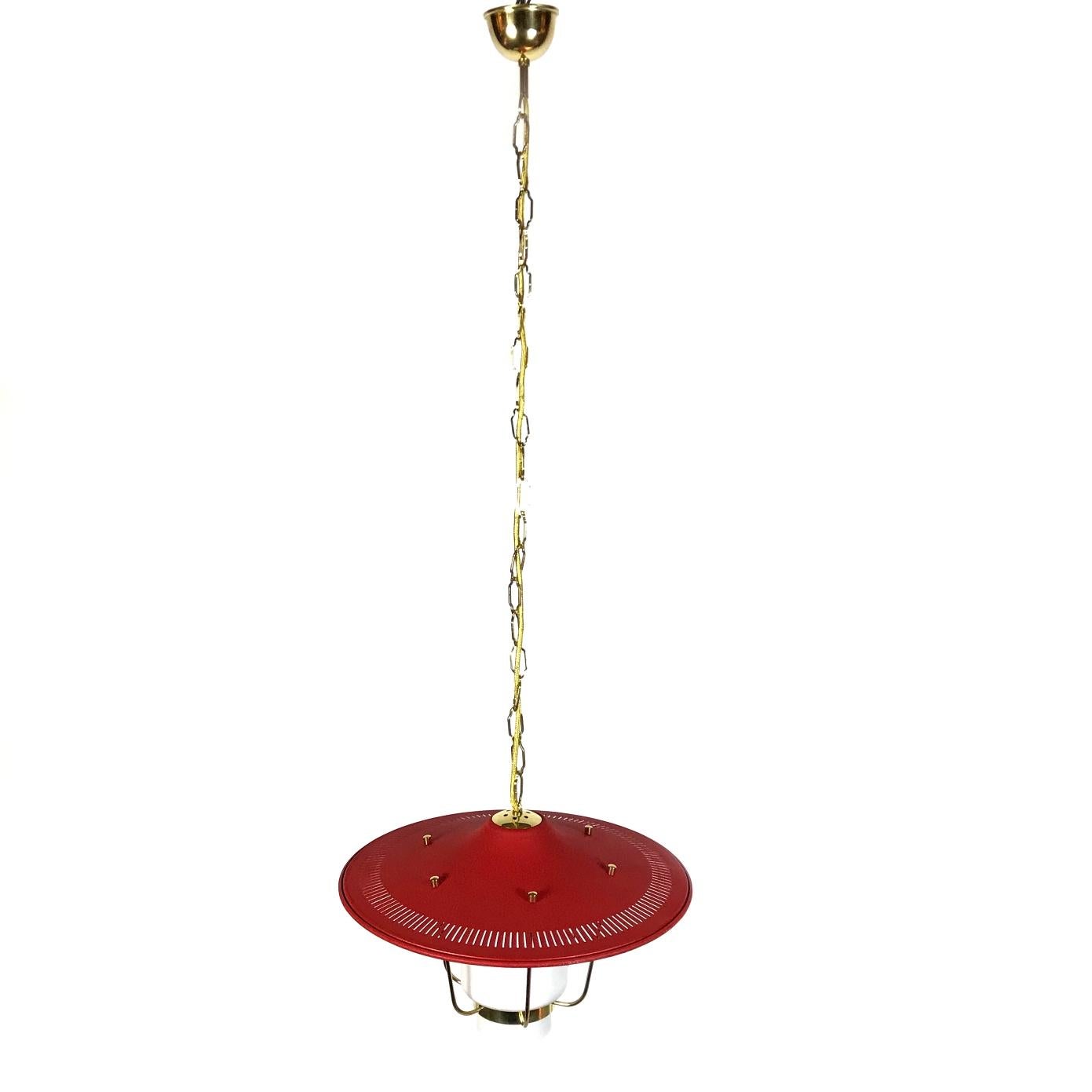 Midcentury Stilnovo Lantern Brass & Red Lacquered Shade, 1950s, Italy For Sale 1