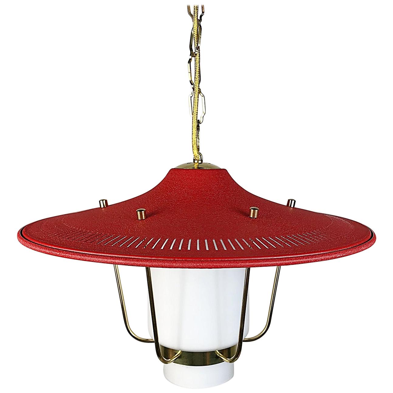 Midcentury Stilnovo Lantern Brass & Red Lacquered Shade, 1950s, Italy