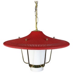 Midcentury Stilnovo Lantern Brass and Red Lacquered Shade, Italy, 1950s