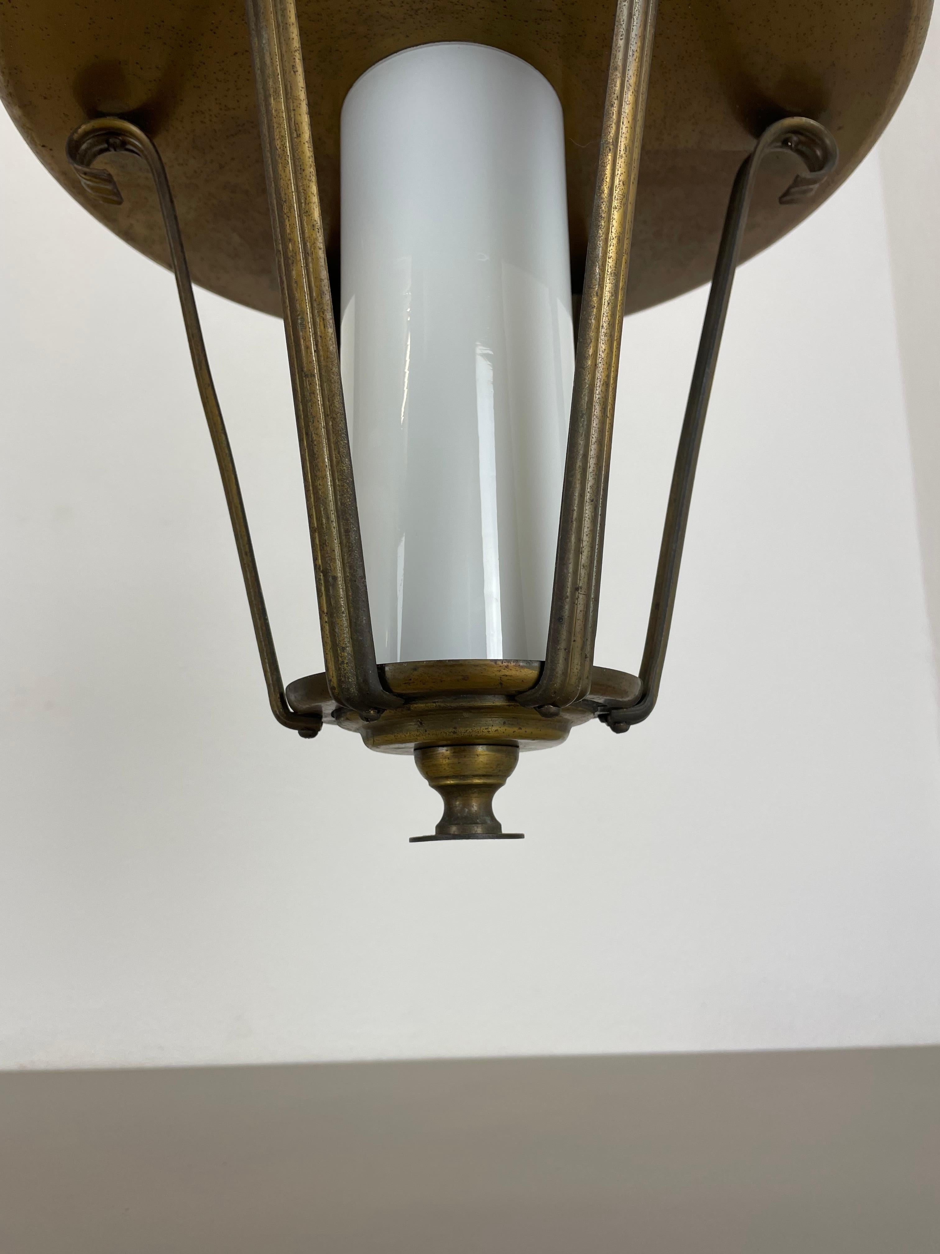 Midcentury Stilnovo Style Brass and Glass Tube Hanging Lantern Light, Italy 1950 For Sale 4
