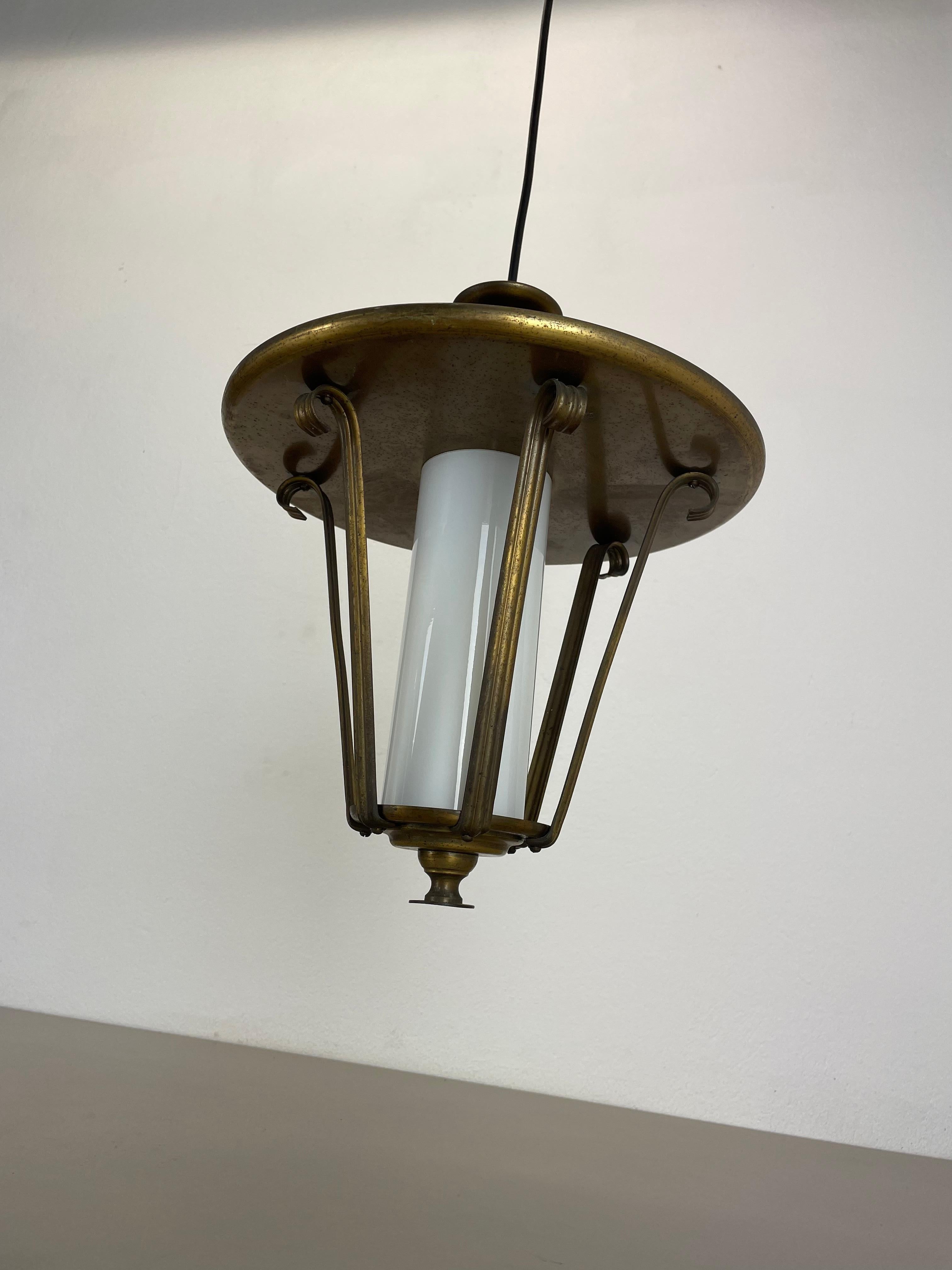 Midcentury Stilnovo Style Brass and Glass Tube Hanging Lantern Light, Italy 1950 For Sale 5