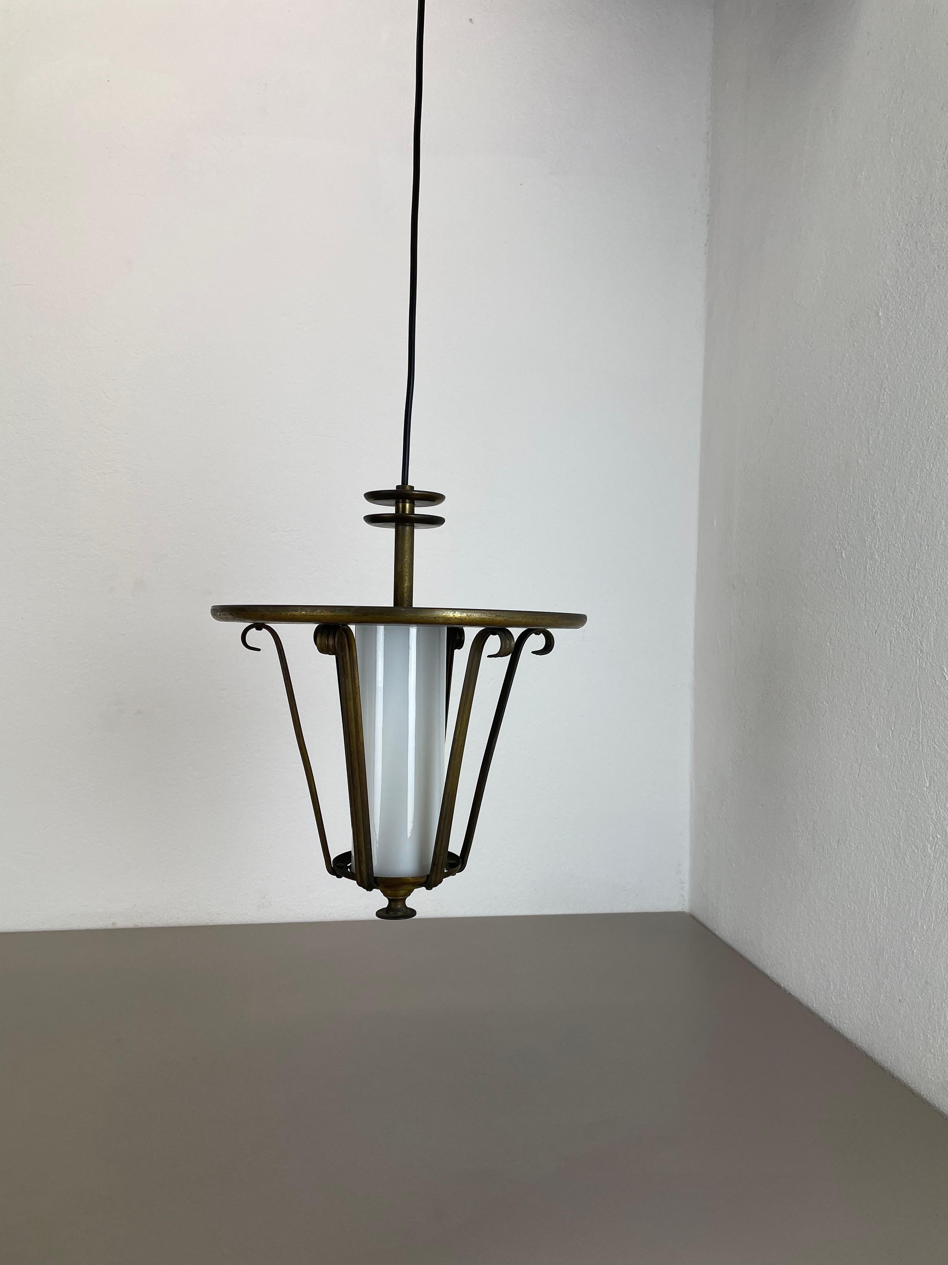 Mid-Century Modern Midcentury Stilnovo Style Brass and Glass Tube Hanging Lantern Light, Italy 1950 For Sale