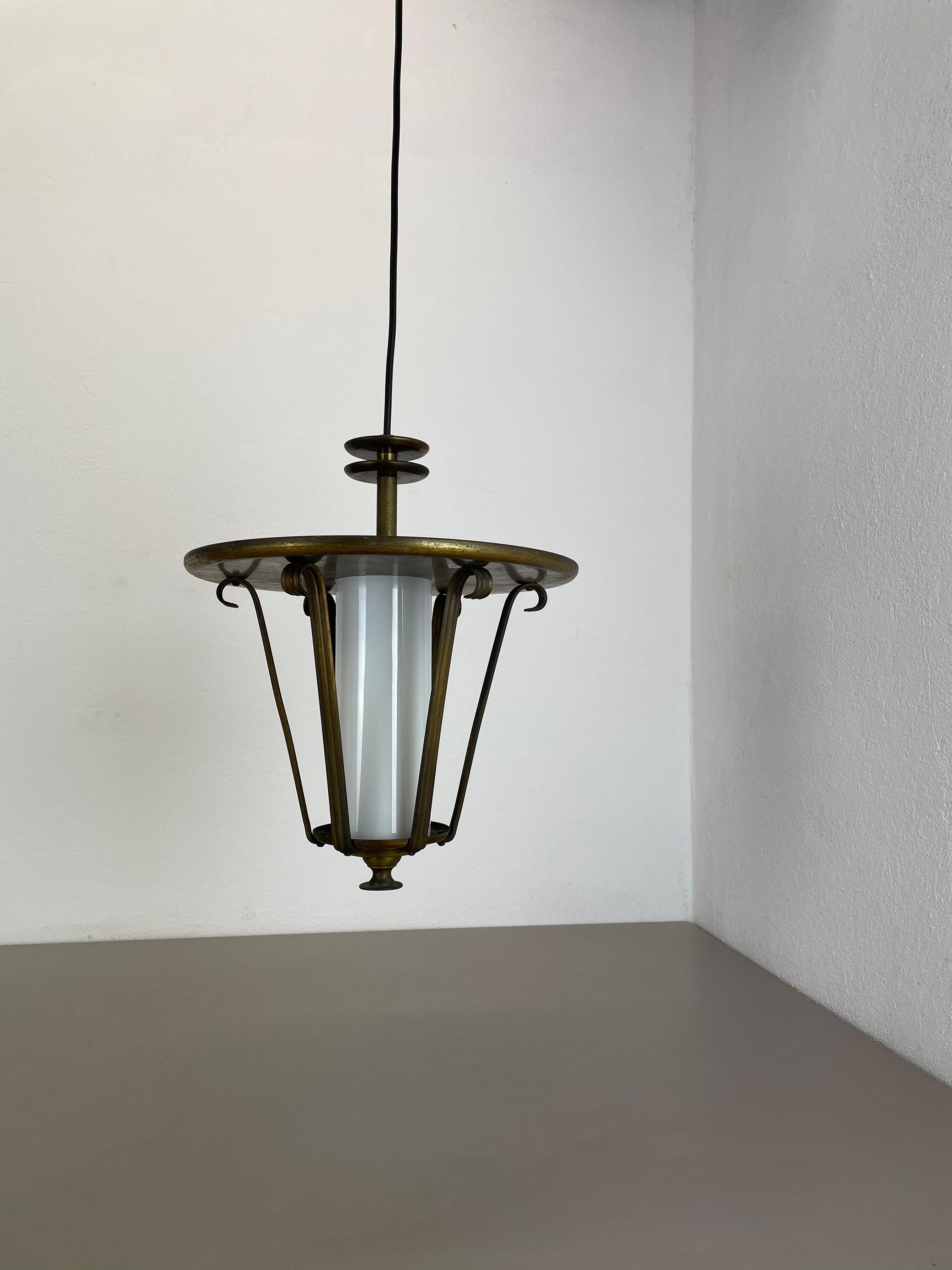 Italian Midcentury Stilnovo Style Brass and Glass Tube Hanging Lantern Light, Italy 1950