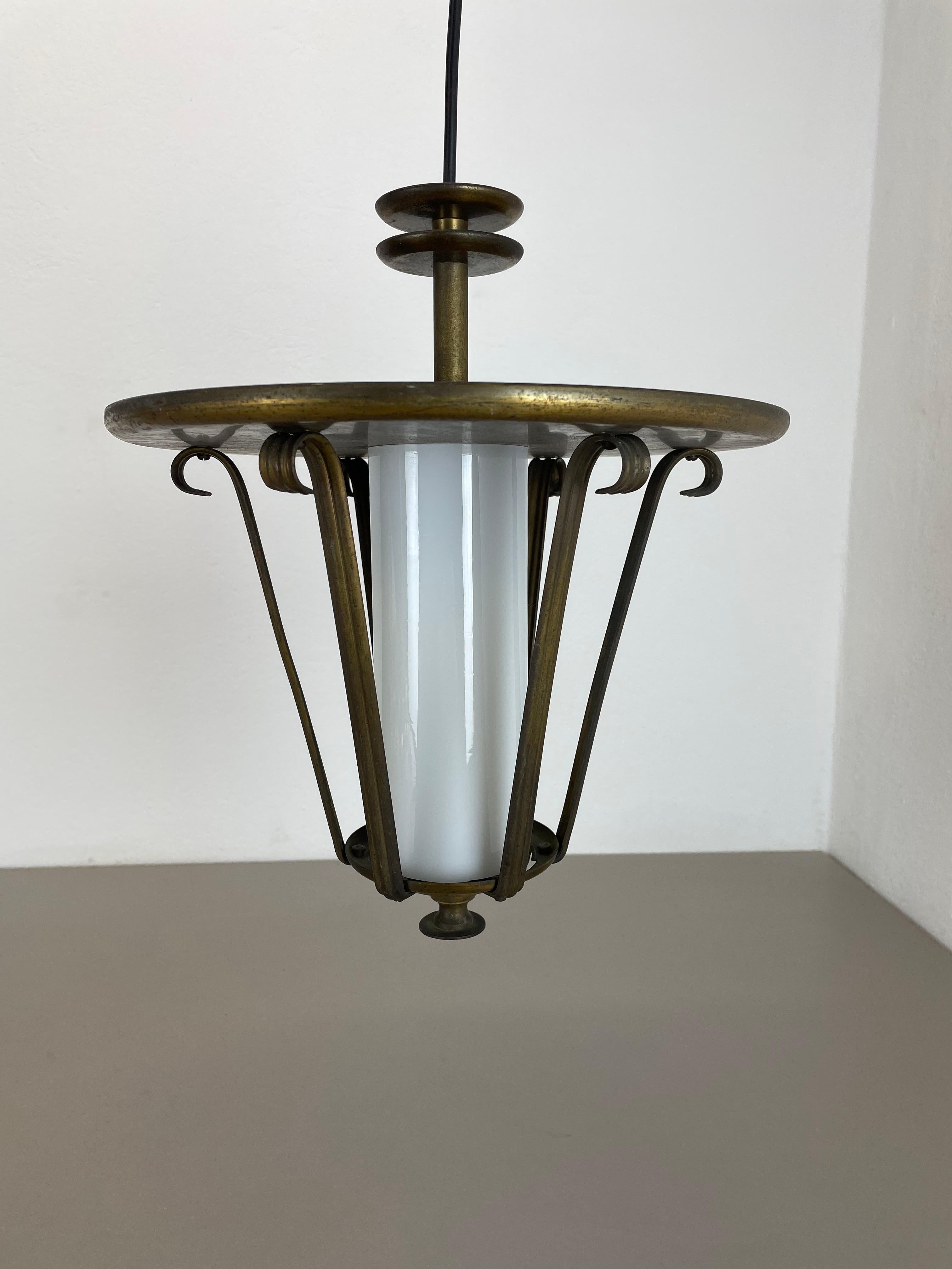 20th Century Midcentury Stilnovo Style Brass and Glass Tube Hanging Lantern Light, Italy 1950 For Sale
