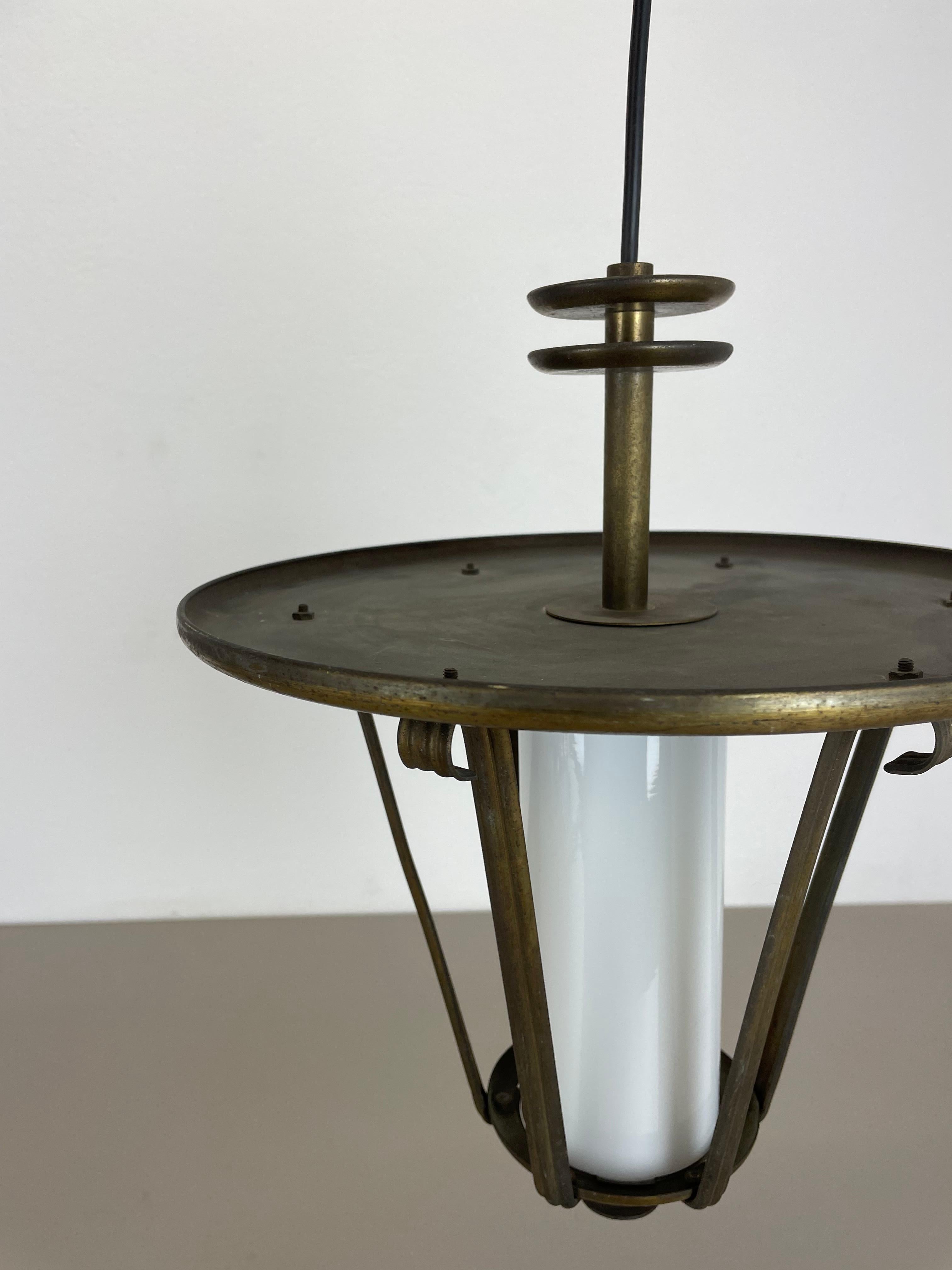 Opaline Glass Midcentury Stilnovo Style Brass and Glass Tube Hanging Lantern Light, Italy 1950 For Sale