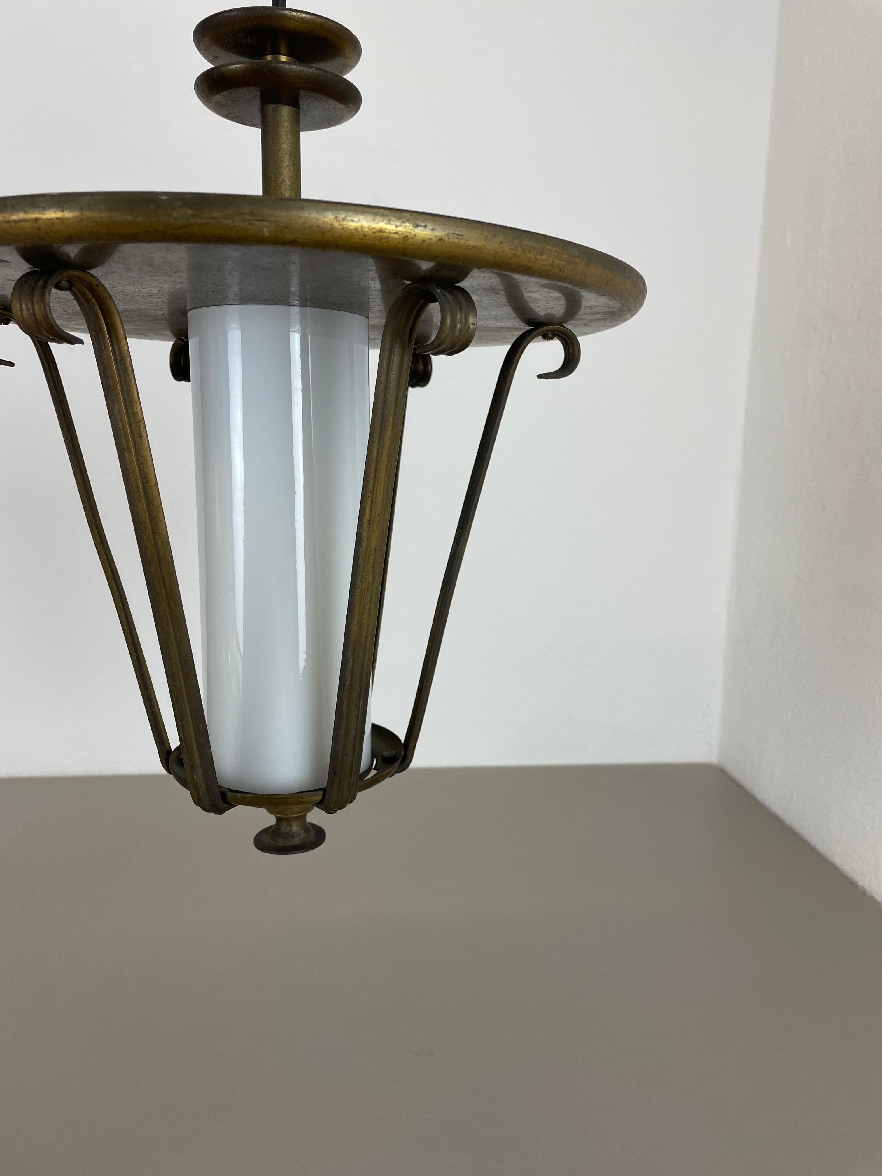 Midcentury Stilnovo Style Brass and Glass Tube Hanging Lantern Light, Italy 1950 For Sale 1