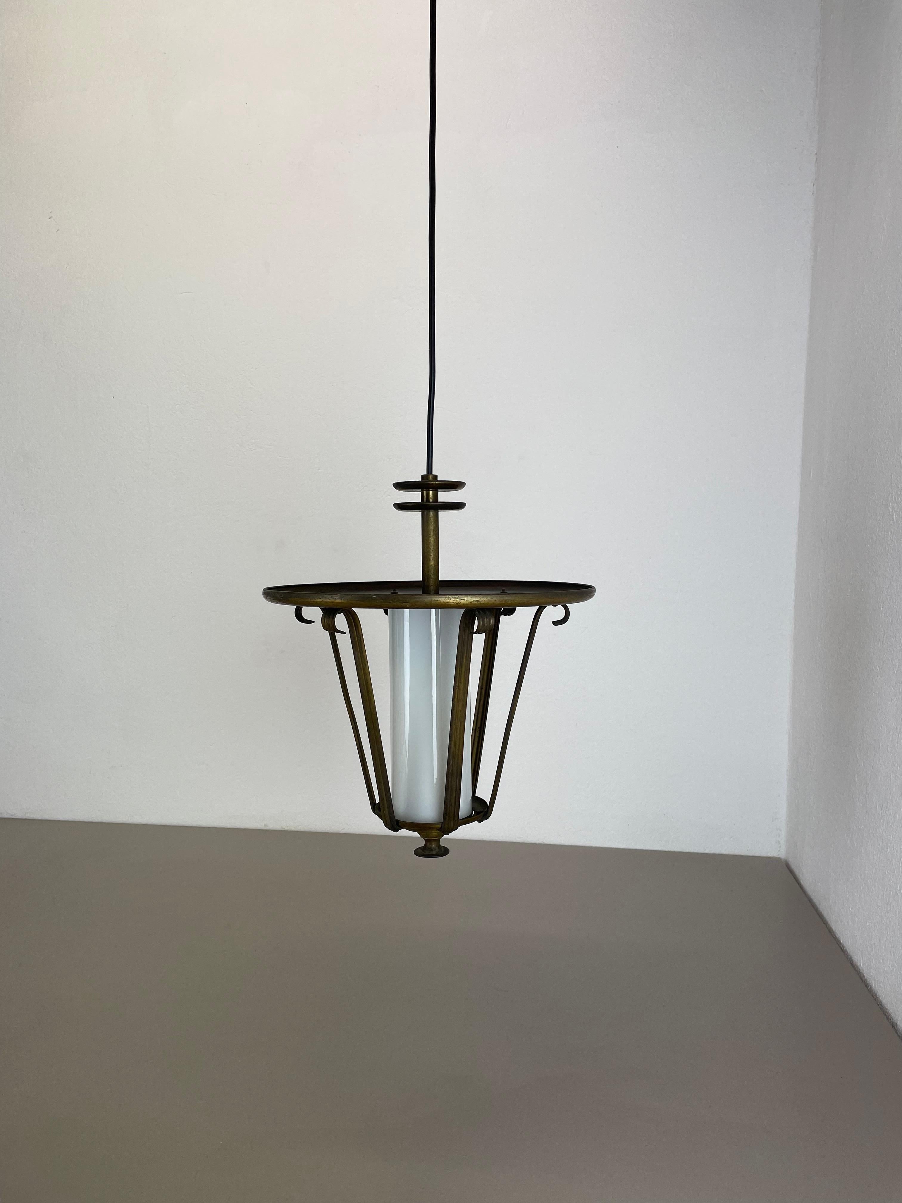 Midcentury Stilnovo Style Brass and Glass Tube Hanging Lantern Light, Italy 1950 For Sale 2