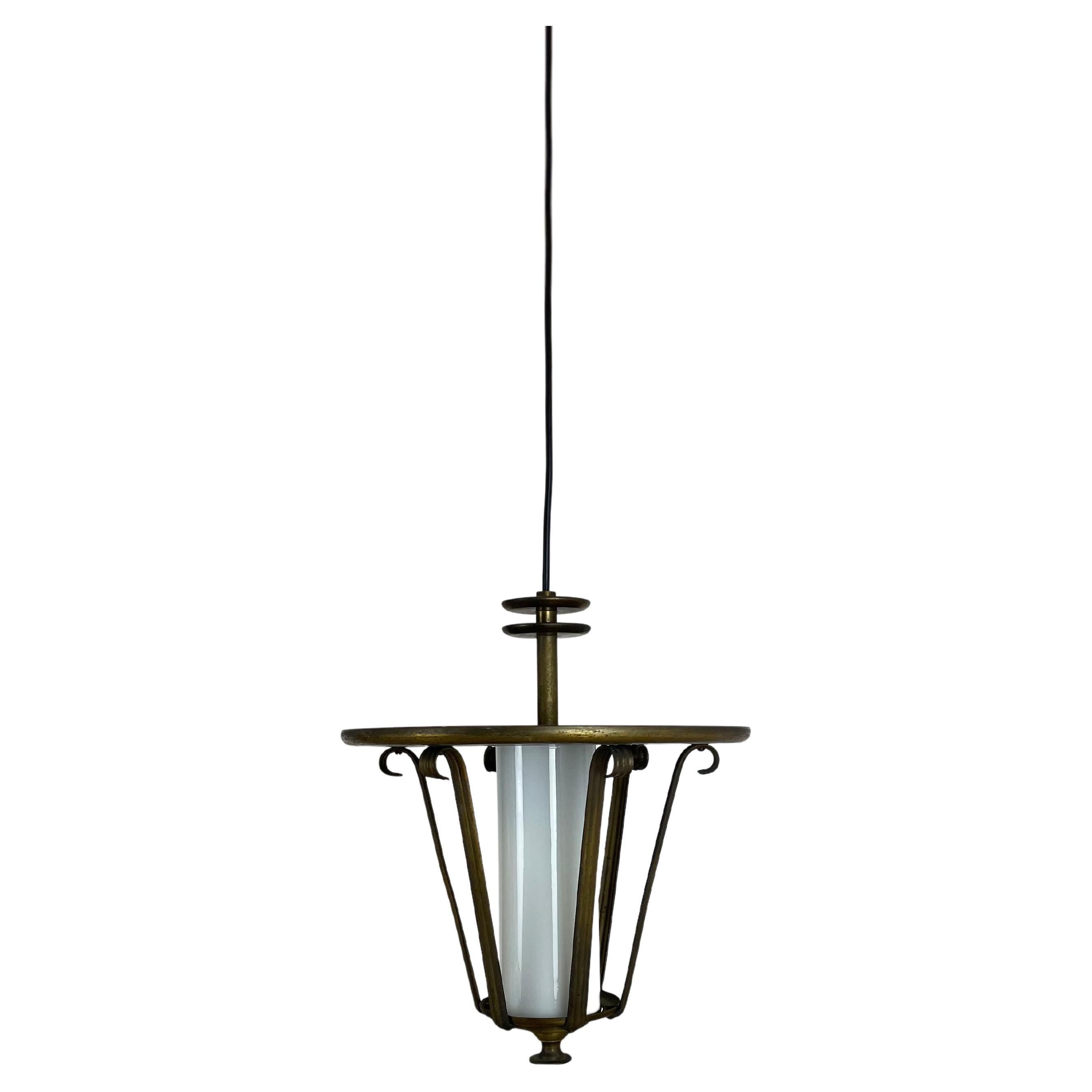 Midcentury Stilnovo Style Brass and Glass Tube Hanging Lantern Light, Italy 1950 For Sale