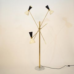 Midcentury Stilnovo Style Italian Floor Lamp Three-Arm Brass and Marble Black