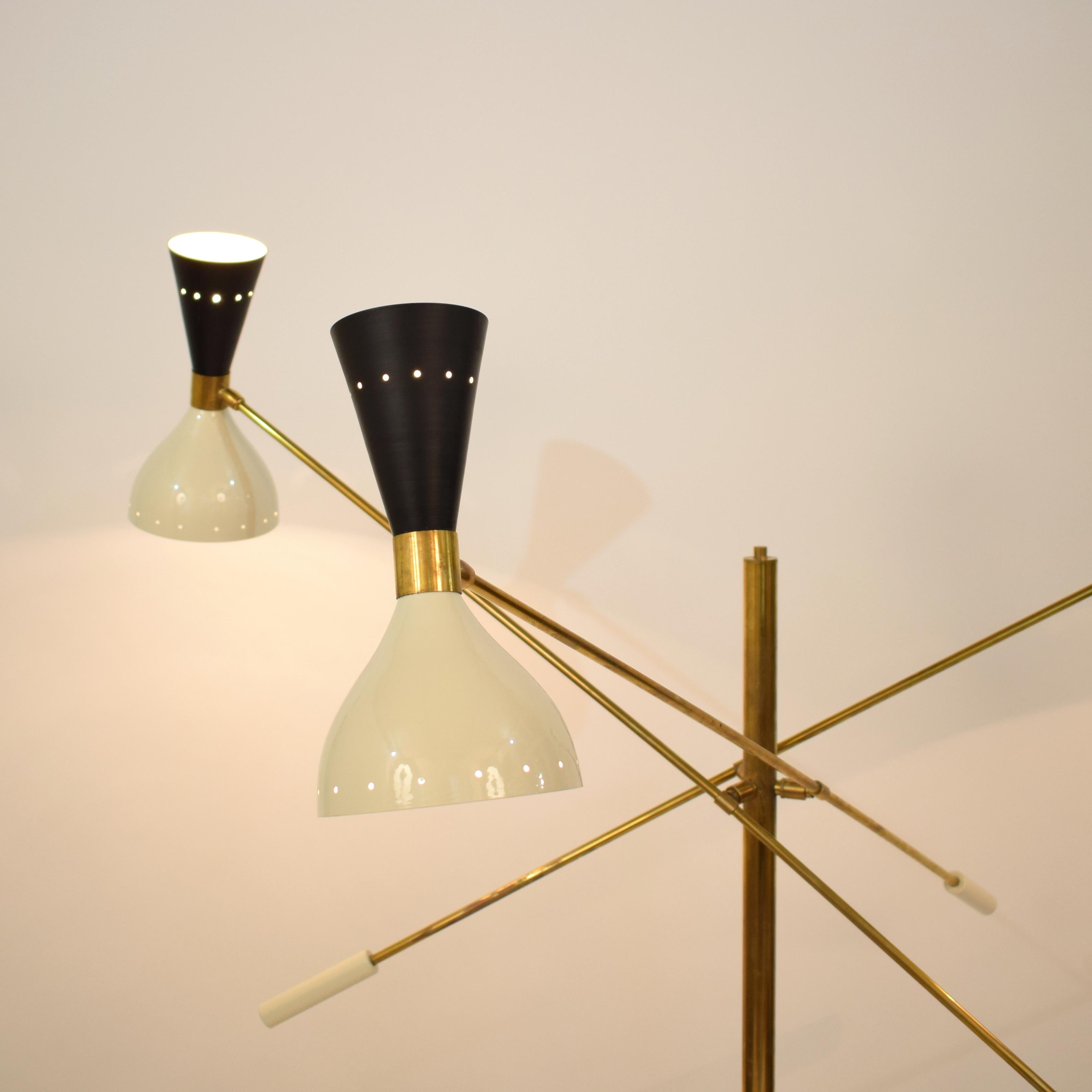 Mid-Century Modern Midcentury Stilnovo Style Italian Floor Lamp Three-Arm Brass and Marble Black For Sale