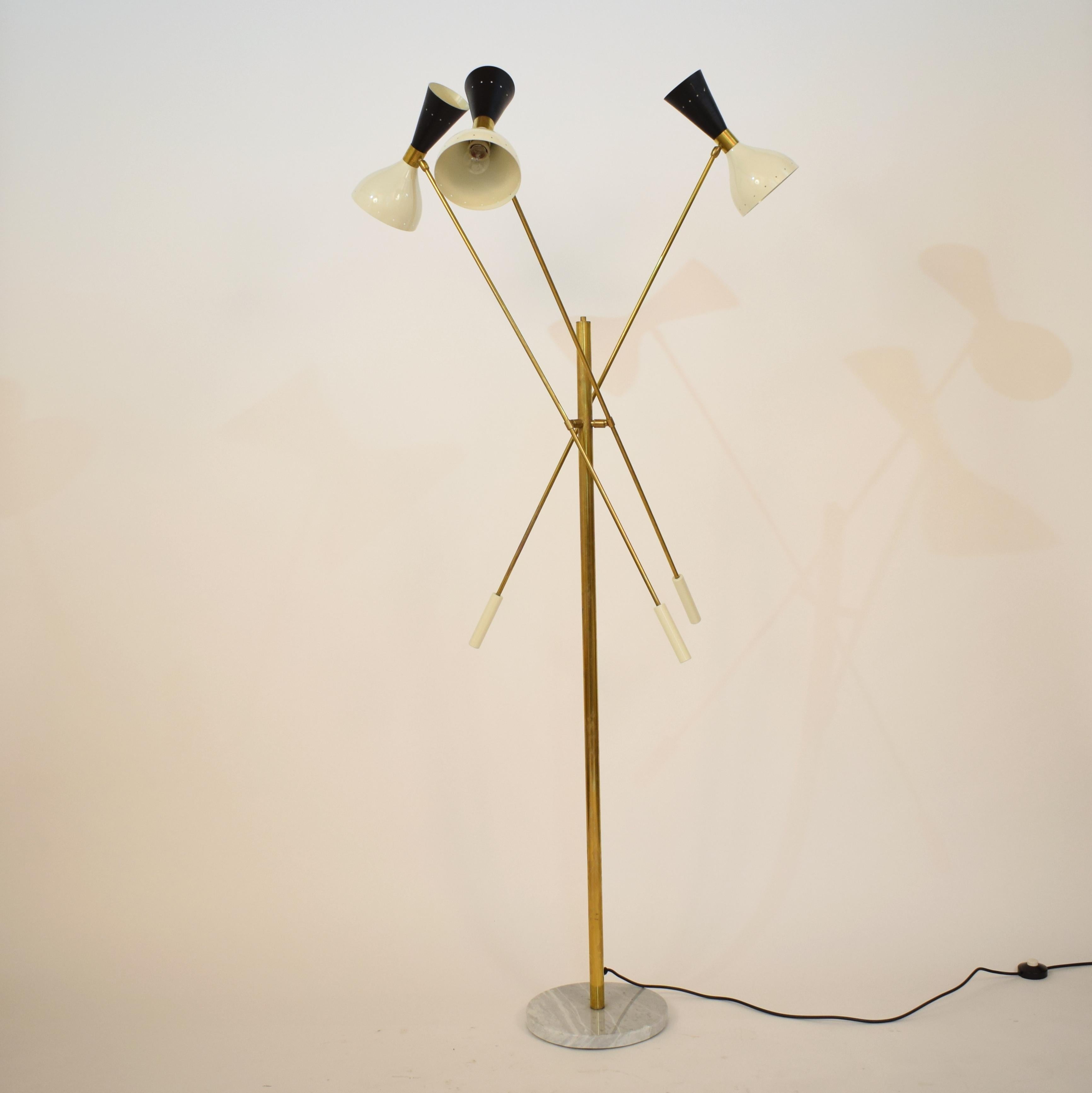 Contemporary Midcentury Stilnovo Style Italian Floor Lamp Three-Arm Brass and Marble Black For Sale