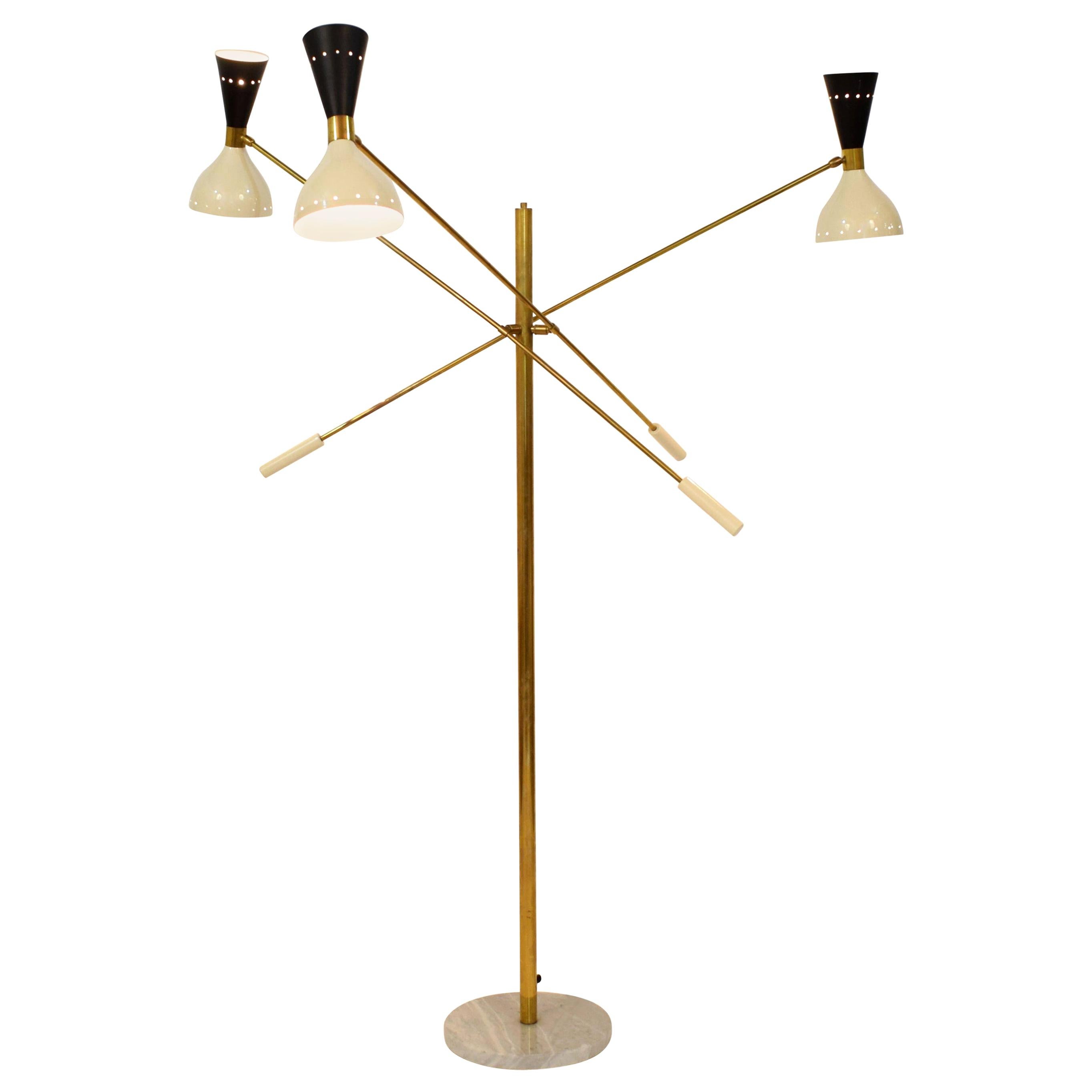 Midcentury Stilnovo Style Italian Floor Lamp Three-Arm Brass and Marble Black For Sale