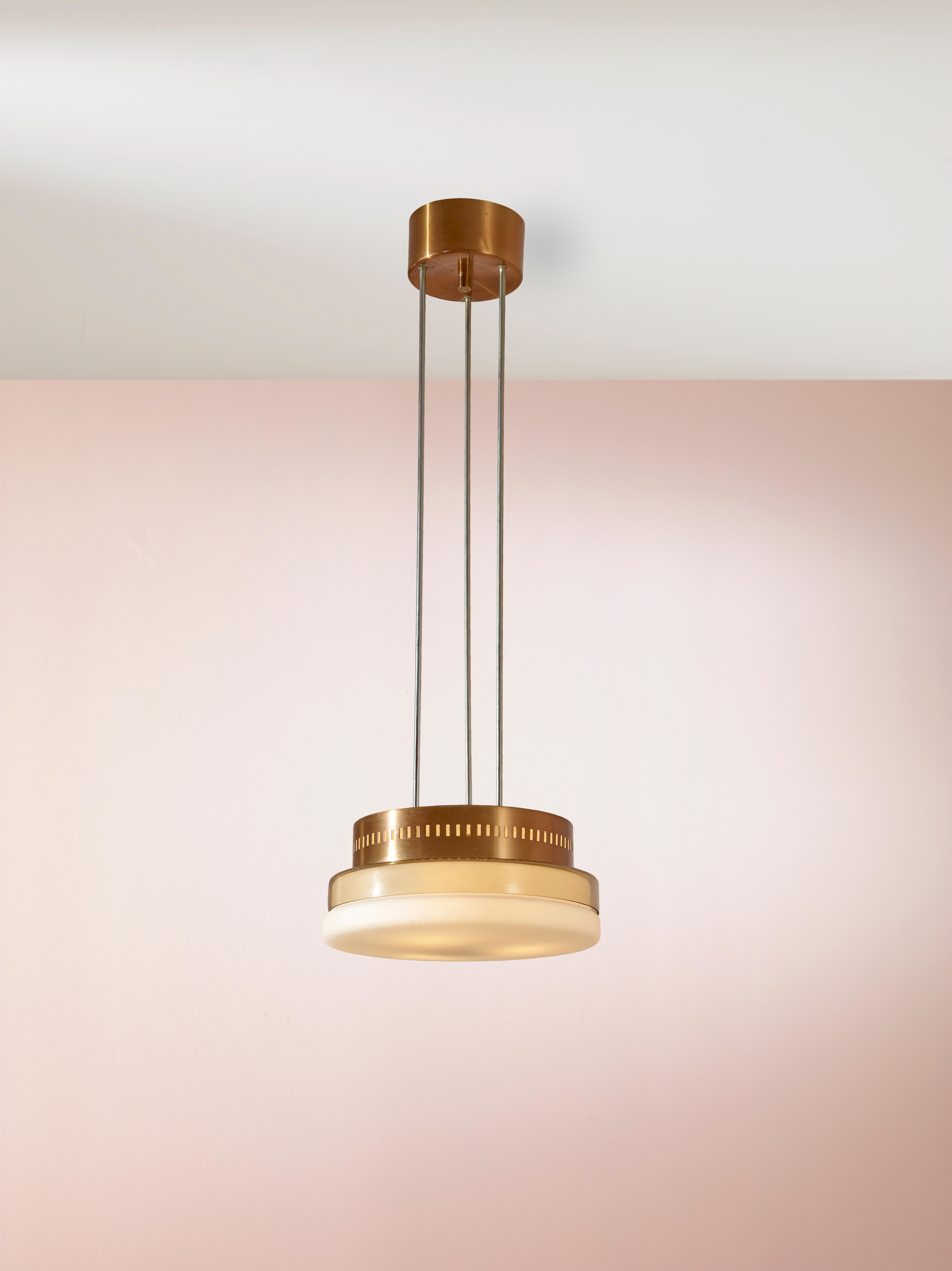 This midcentury pendant light, attributed to Stilnovo, is a beautiful example of Italian midcentury lighting design. 

The use of copper as the primary material for the structure of the light, paired with the opaline glass diffuser, lends an air