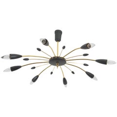 Midcentury Stilnovo Style Spider Chandelier in Brass and Black Lacquered Wood
