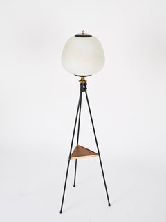 Midcentury Stilnovo Tripod Floor Lamp in Brass, Metal, Opaline Glass Italy 1950s