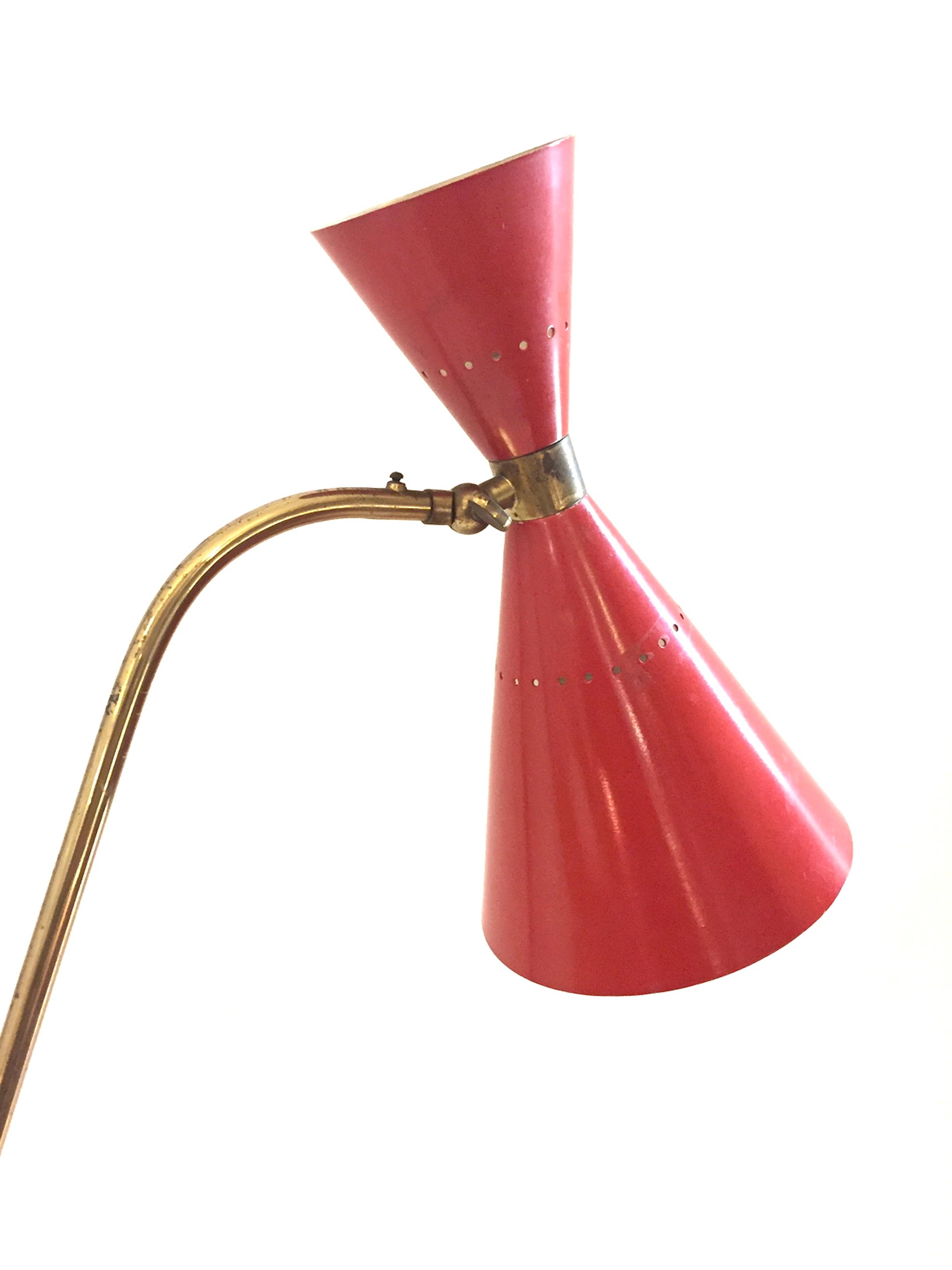 Mid-Century Modern Midcentury Stilnovo Vintage Brass and Red Lacquered Adjustable Floor Lamp