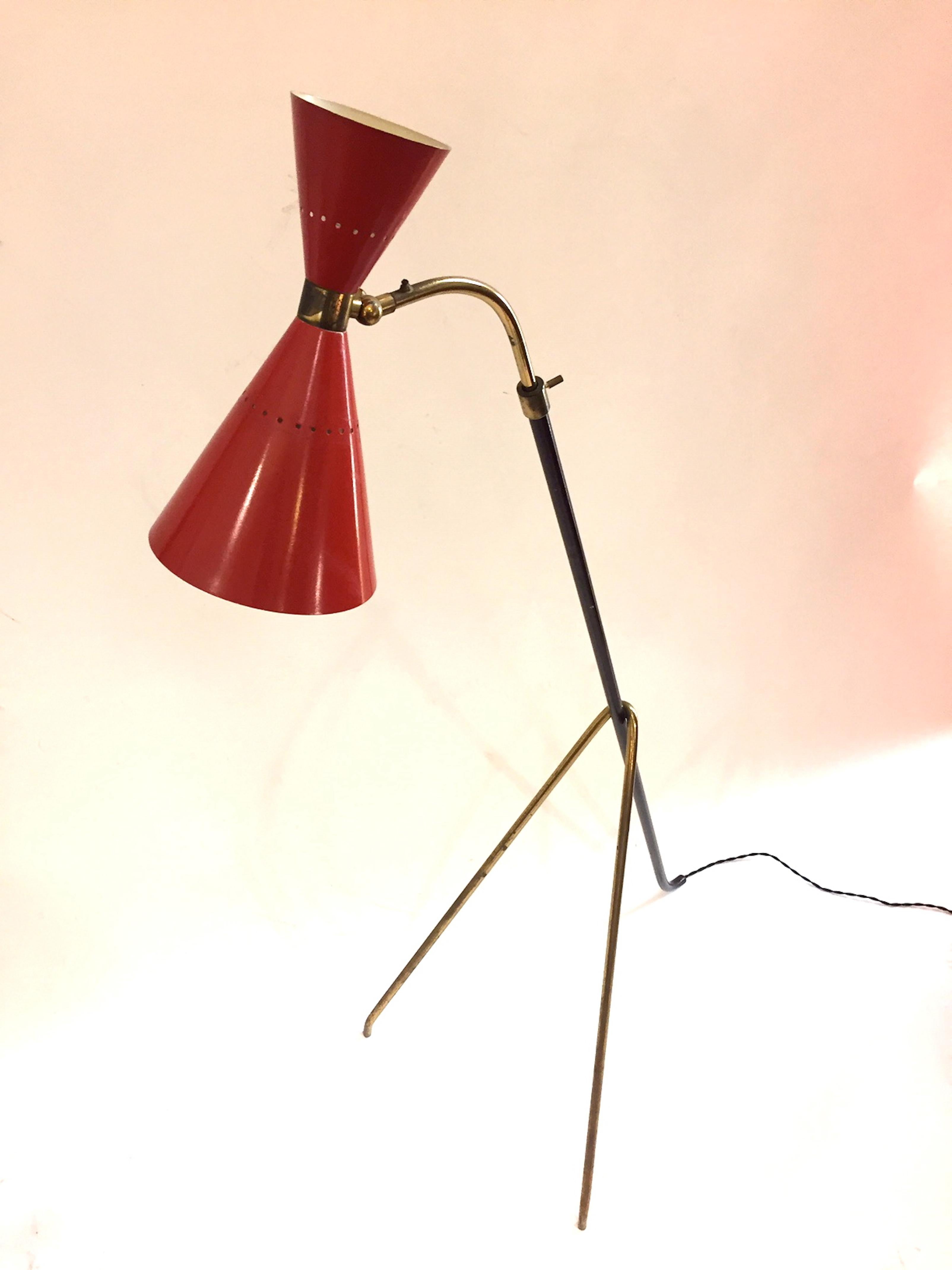 Italian Midcentury Stilnovo Vintage Brass and Red Lacquered Adjustable Floor Lamp