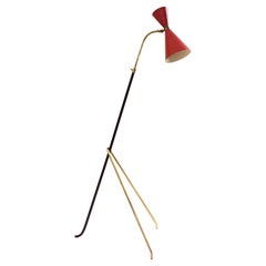 Midcentury Stilnovo Vintage Brass and Red Lacquered Adjustable Floor Lamp