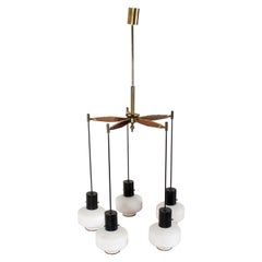 Midcentury Stilnovo Wooden Brass and Glass Chandelier, Italy, 1960s