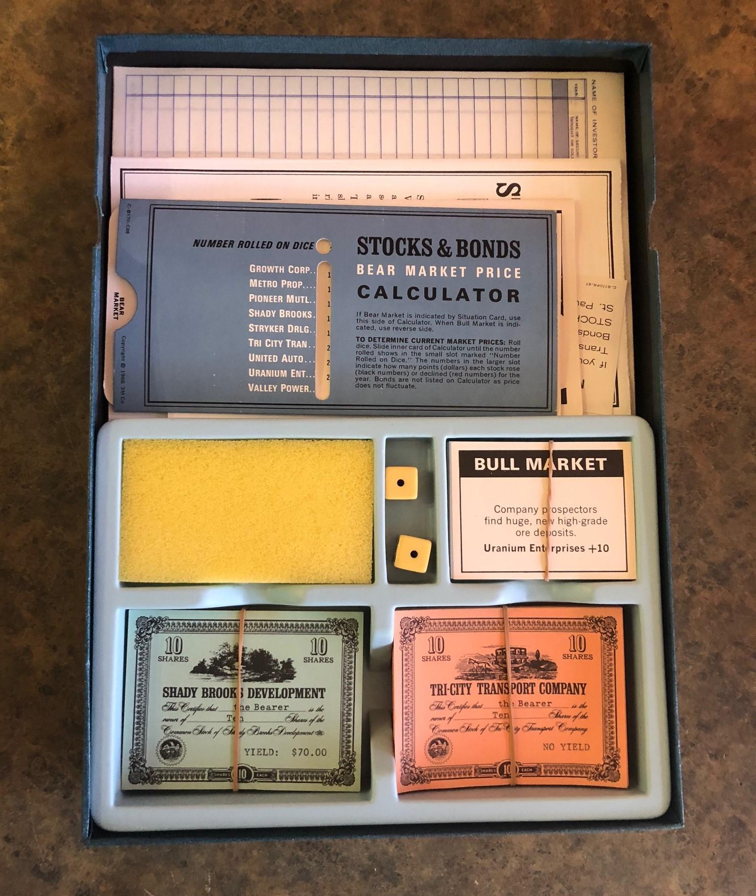 Midcentury stocks and Bonds board game by 3M, circa 1964. This set is in excellent condition and appears to have never been played. Stocks & Bonds is a 