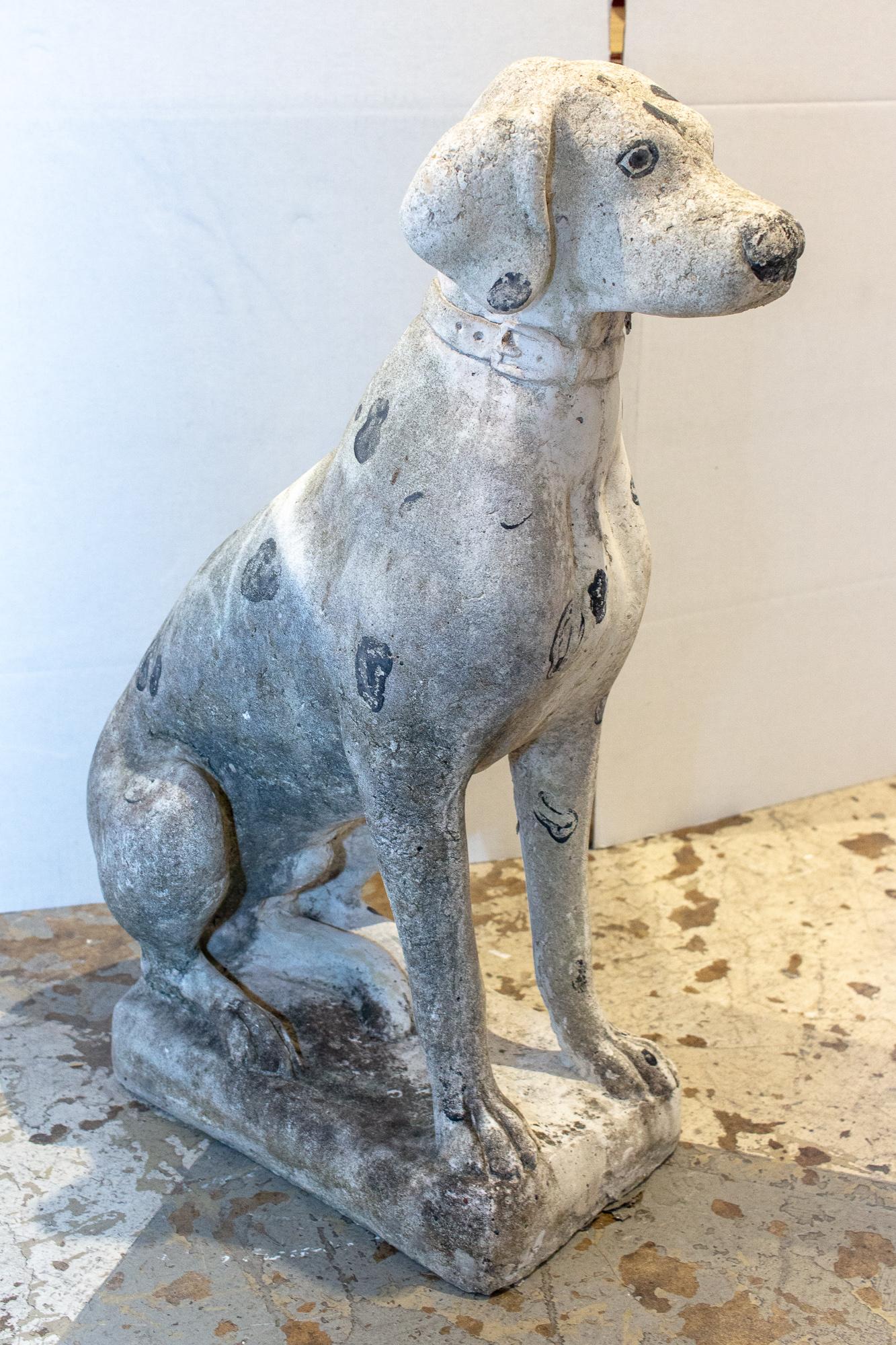 A sweet find from our recent travels, this Dalmation stands at attention. Midcentury concrete stone statue with a lovely patina and whimsically painted spots, eye and nose. We just love him as our newest addition as a shop dog welcoming clients into