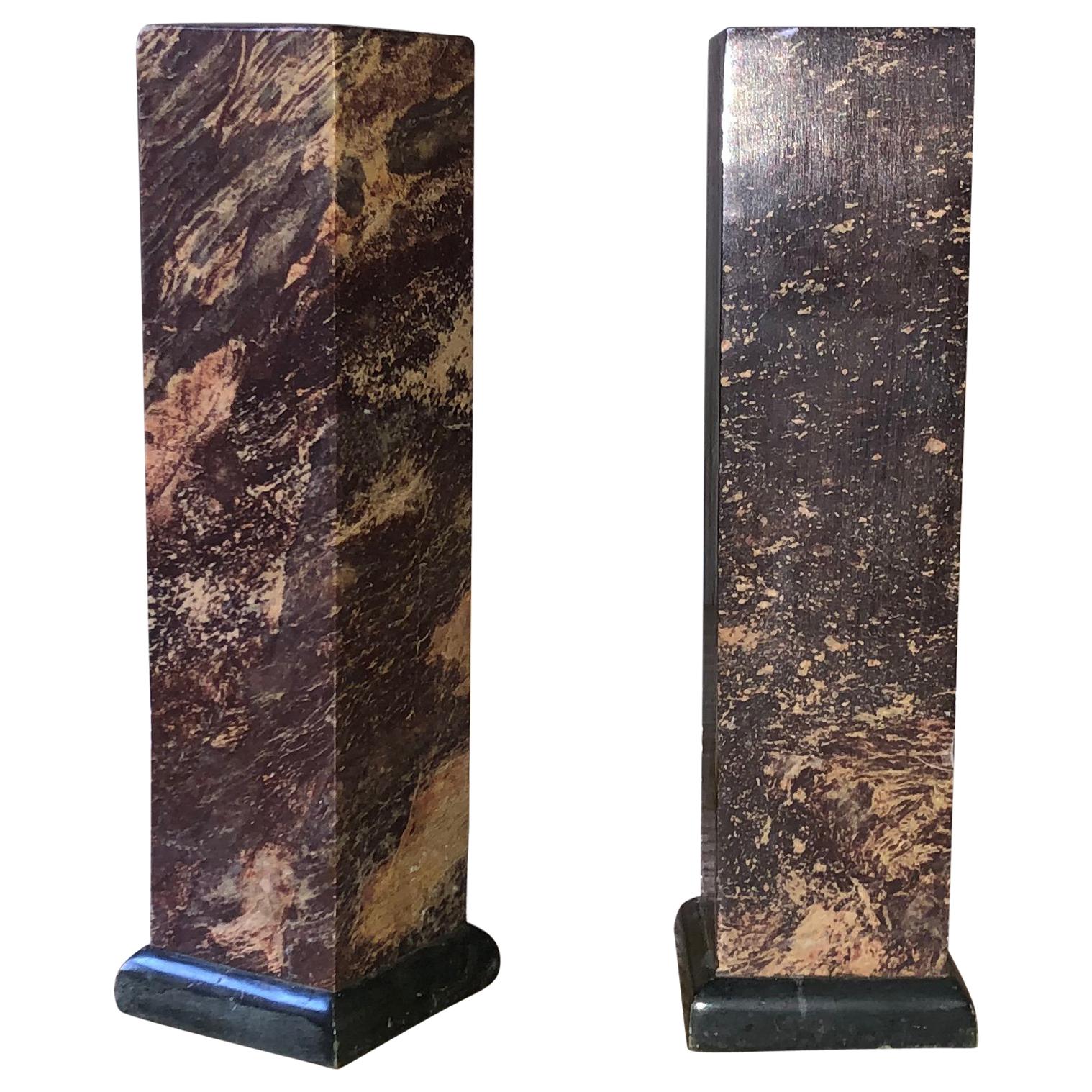 Stone Pillar Candleholder Pair, Chestnut Granite, Neoclassical 1960s Mid-century