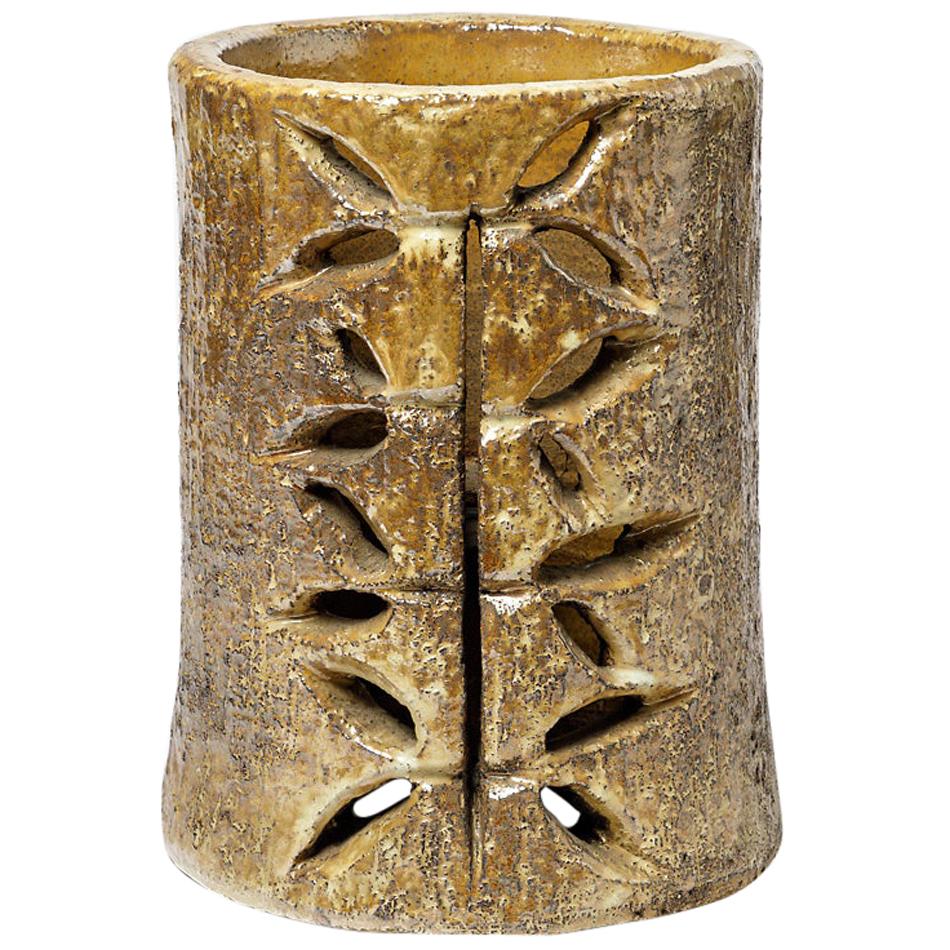 Lámpara de sobremesa de cerámica dorada de gres de mediados de siglo de Huguette Bessone Vallauris