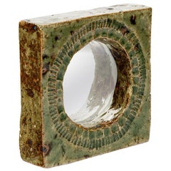 Midcentury Stoneware Green Ceramic Mirror by Barbara Delfosse Wall Decoration