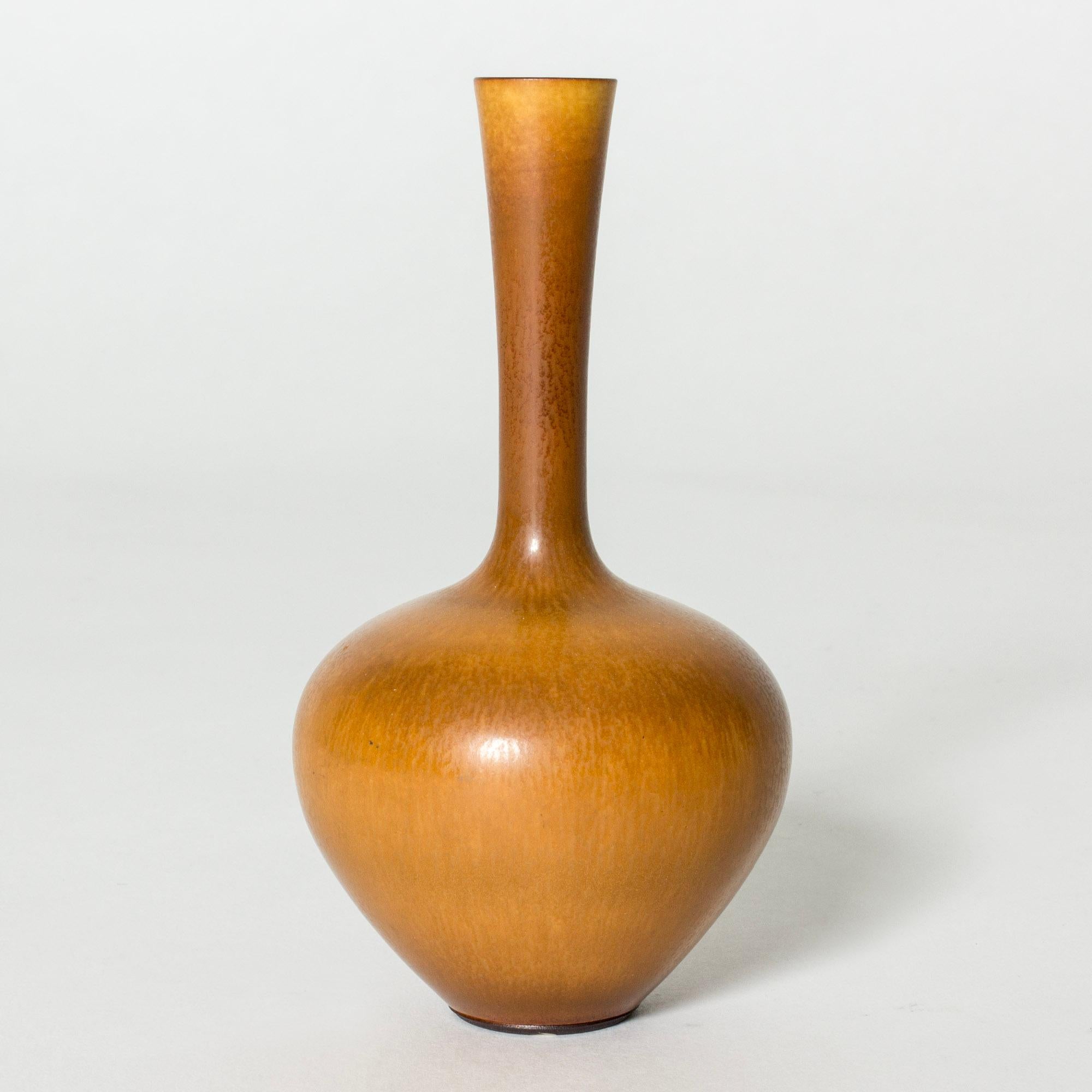 Piccolo vaso in gres di Berndt Friberg, con una bella forma a cipolla e un lungo collo. Smalto marrone caldo di pelliccia di lepre.

Berndt Friberg era un ceramista svedese, famoso per i suoi vasi e recipienti in gres per Gustavsberg. I suoi disegni