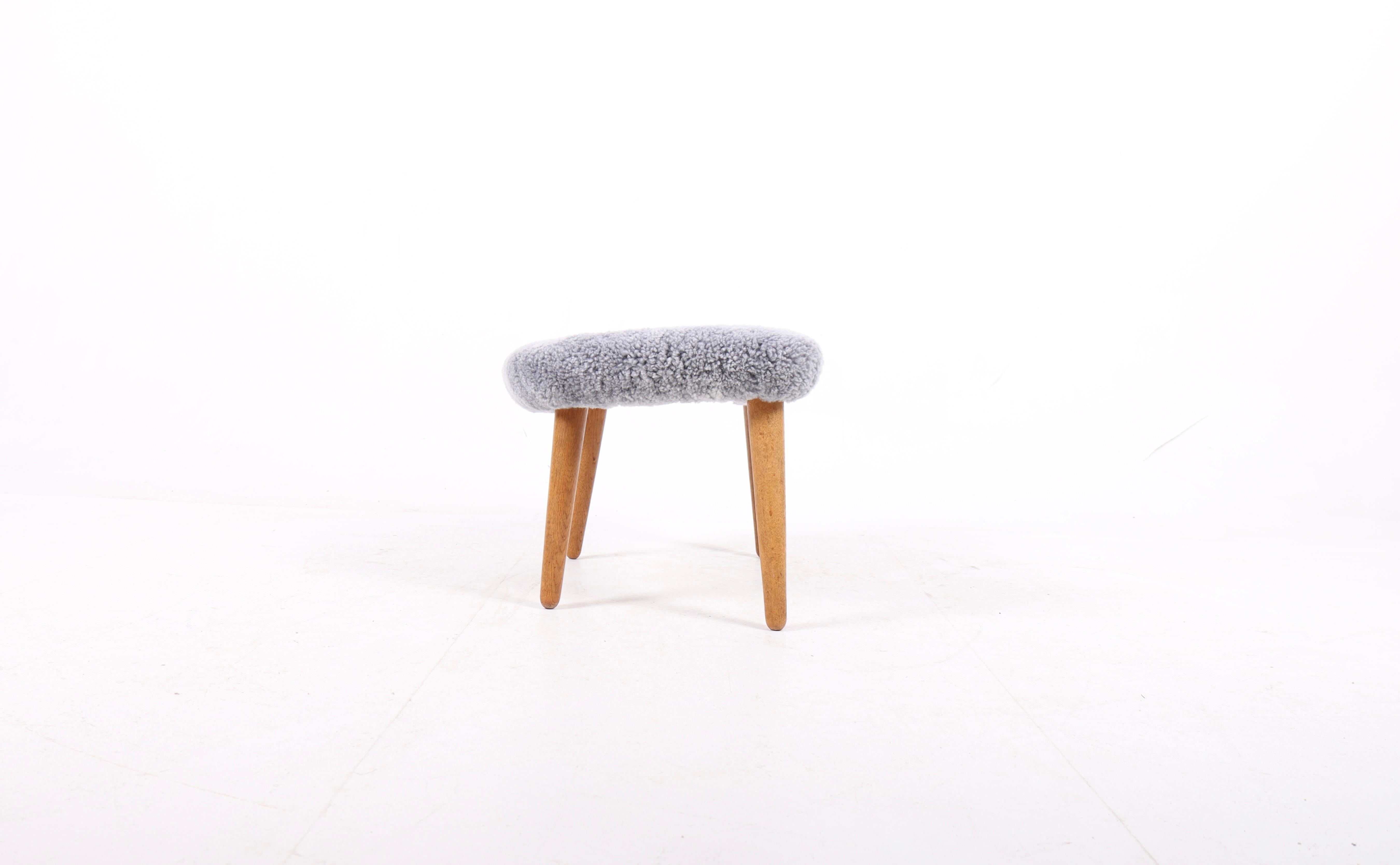 Sheepskin Midcentury Stool Designed by Illum Wikkelsø, 1950s For Sale