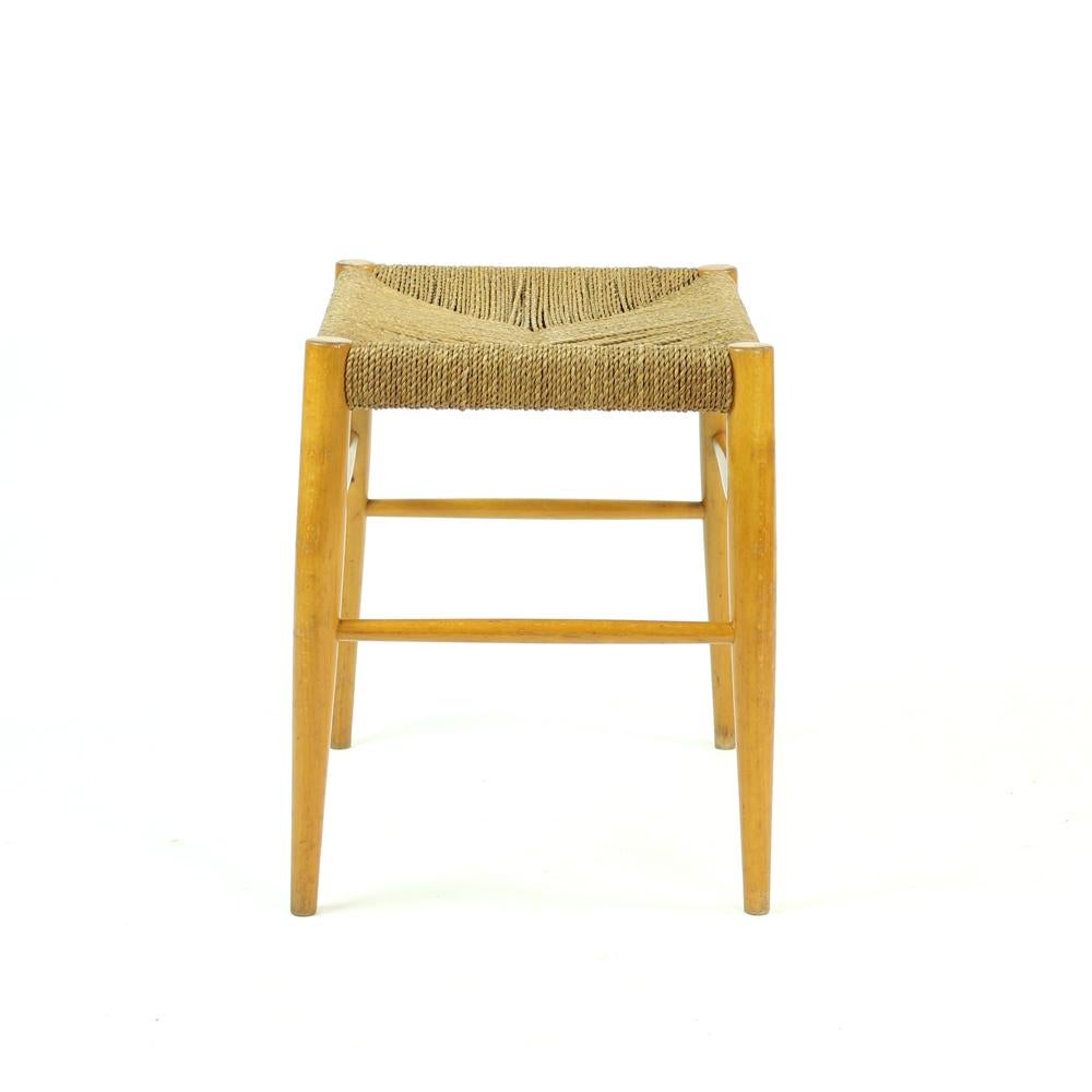 Mid-20th Century Mid-Century Stool in Oak Wood and Rope, Czechoslovakia, 1960s For Sale