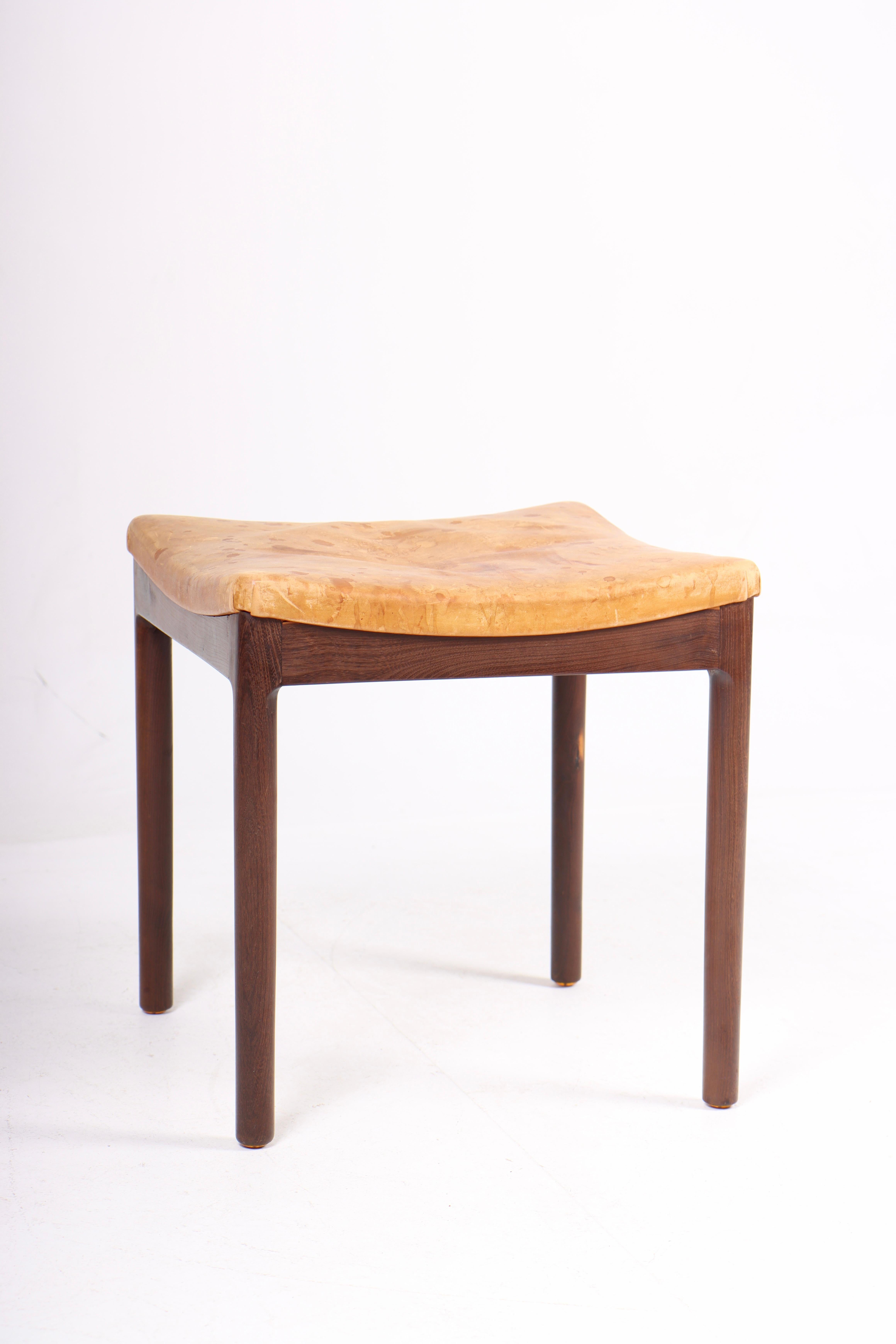 Scandinavian Modern Mid-Century Stool in Patinated Leather, Made in Denmark, 1960s For Sale