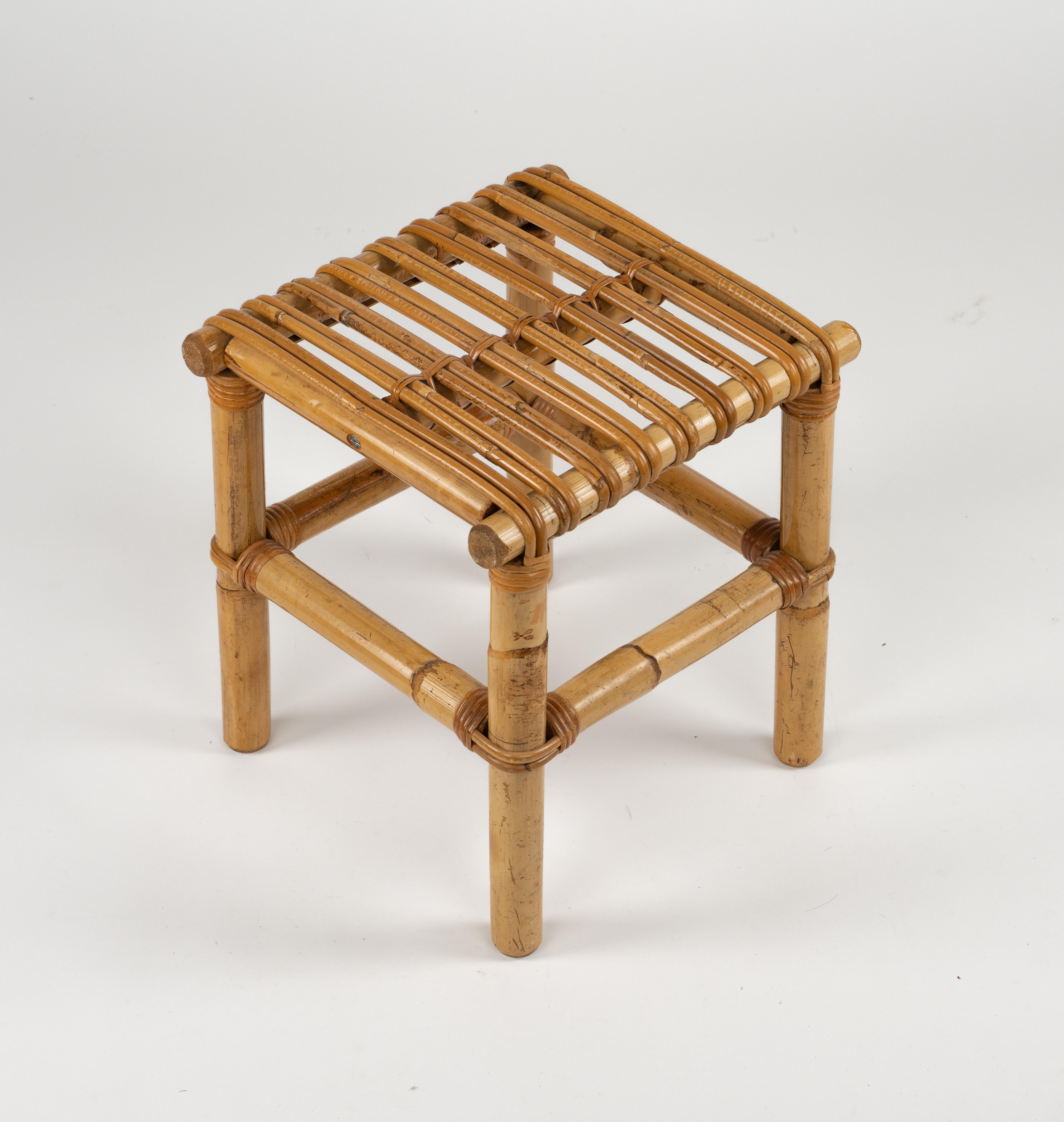 Mid-Century Modern Midcentury Stool or Pouf in Bamboo and Rattan , Italy 1970s For Sale