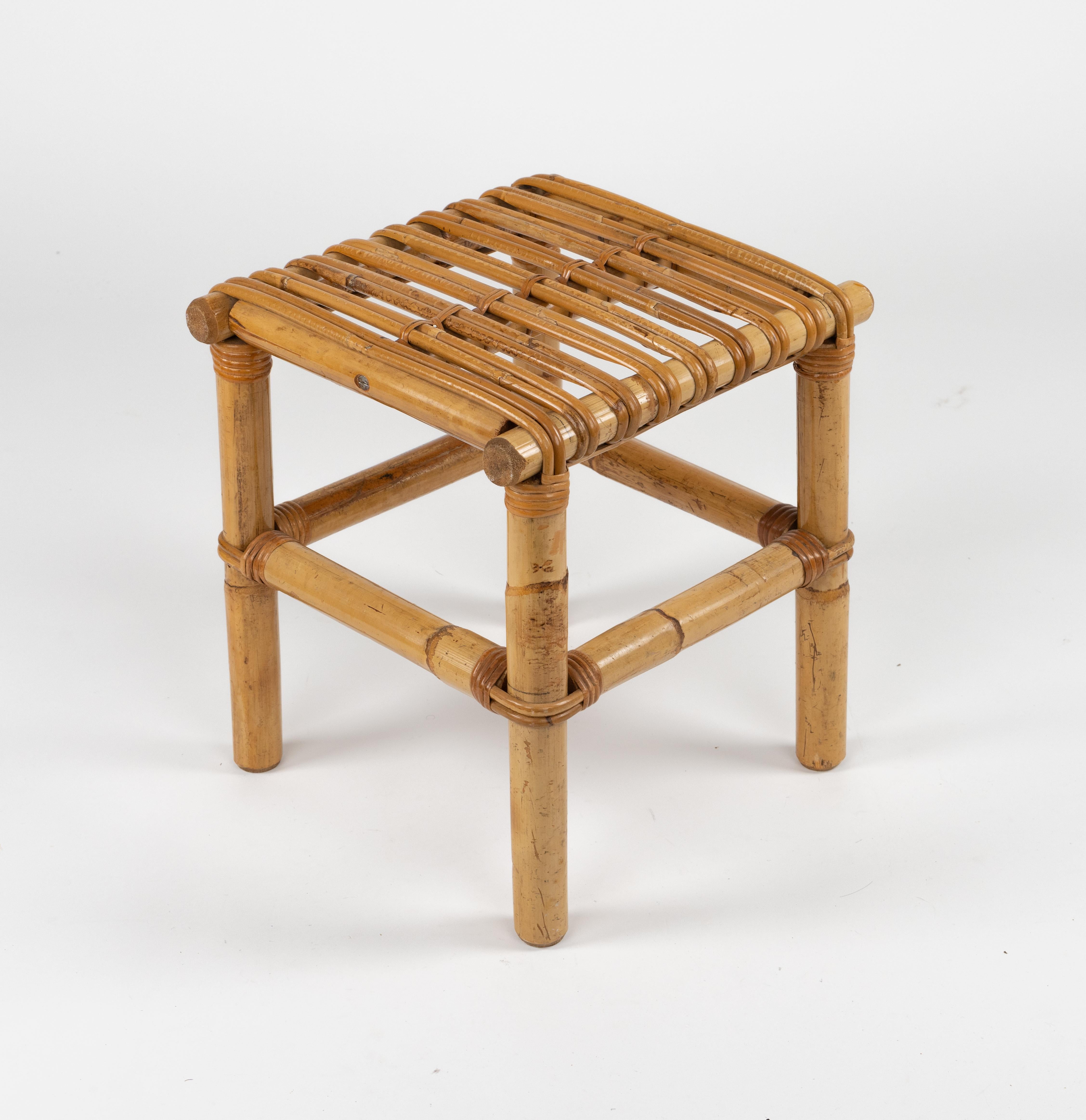 Midcentury Stool or Pouf in Bamboo and Rattan , Italy 1970s In Good Condition For Sale In Rome, IT