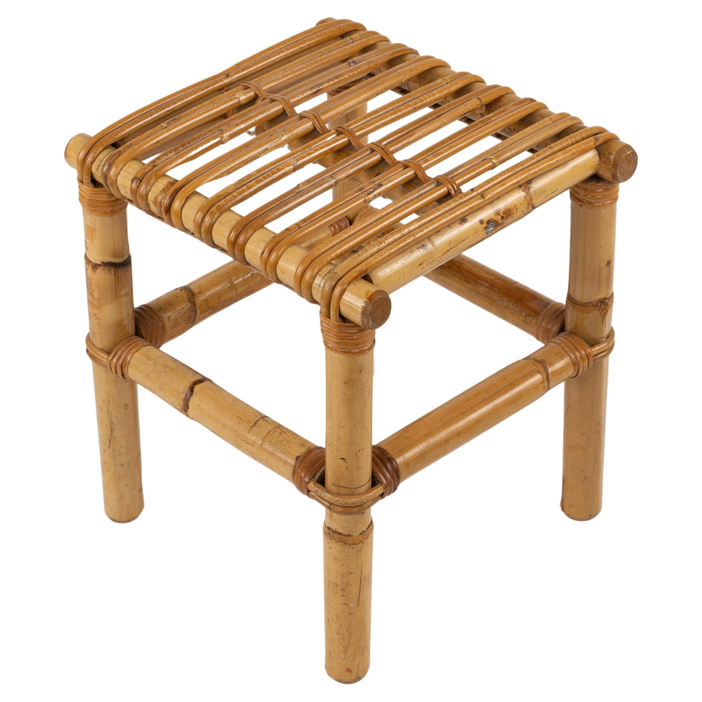Midcentury Stool or Pouf in Bamboo and Rattan , Italy 1970s For Sale