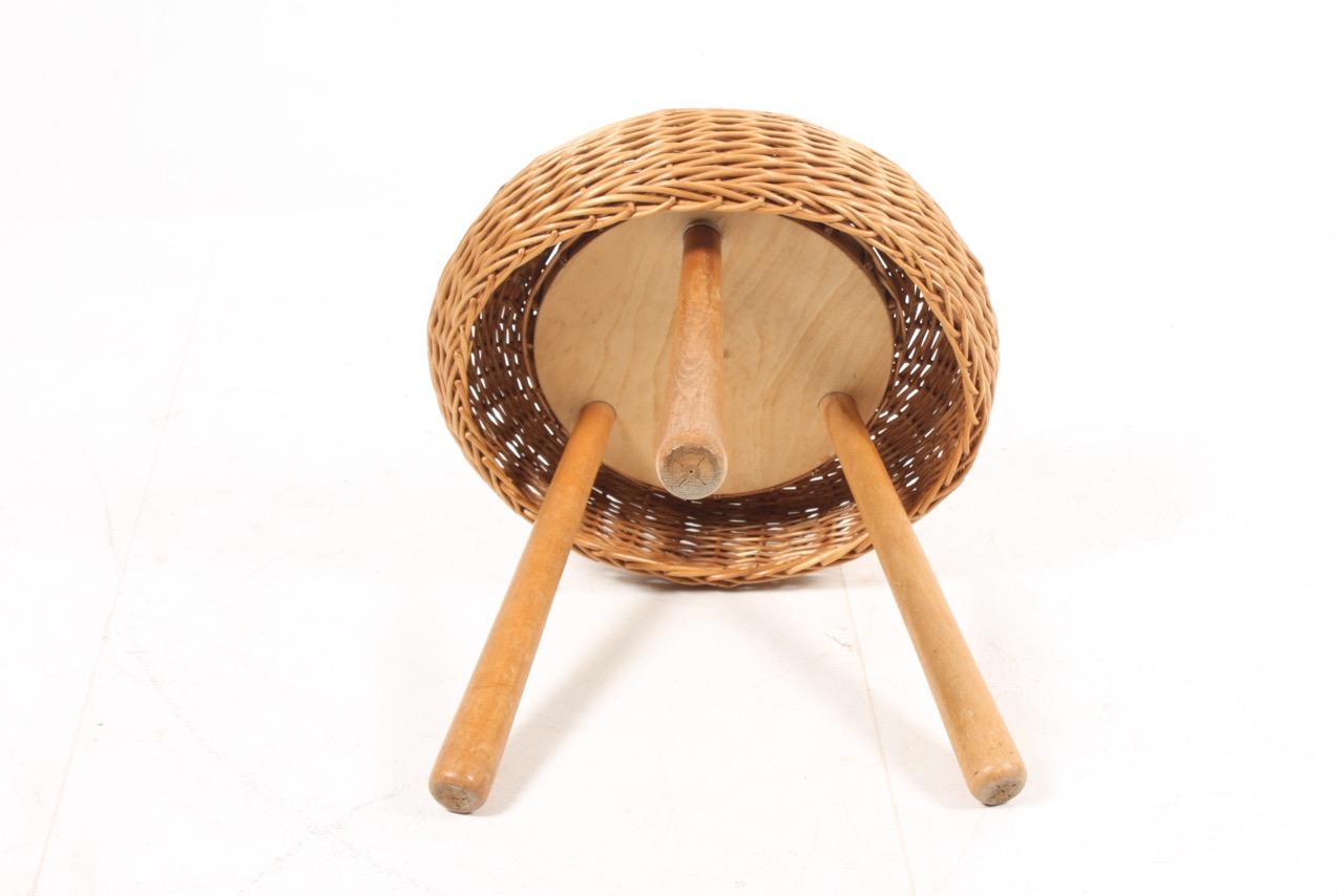 Midcentury Stool with Cane Seat, Made in Denmark In Good Condition In Lejre, DK