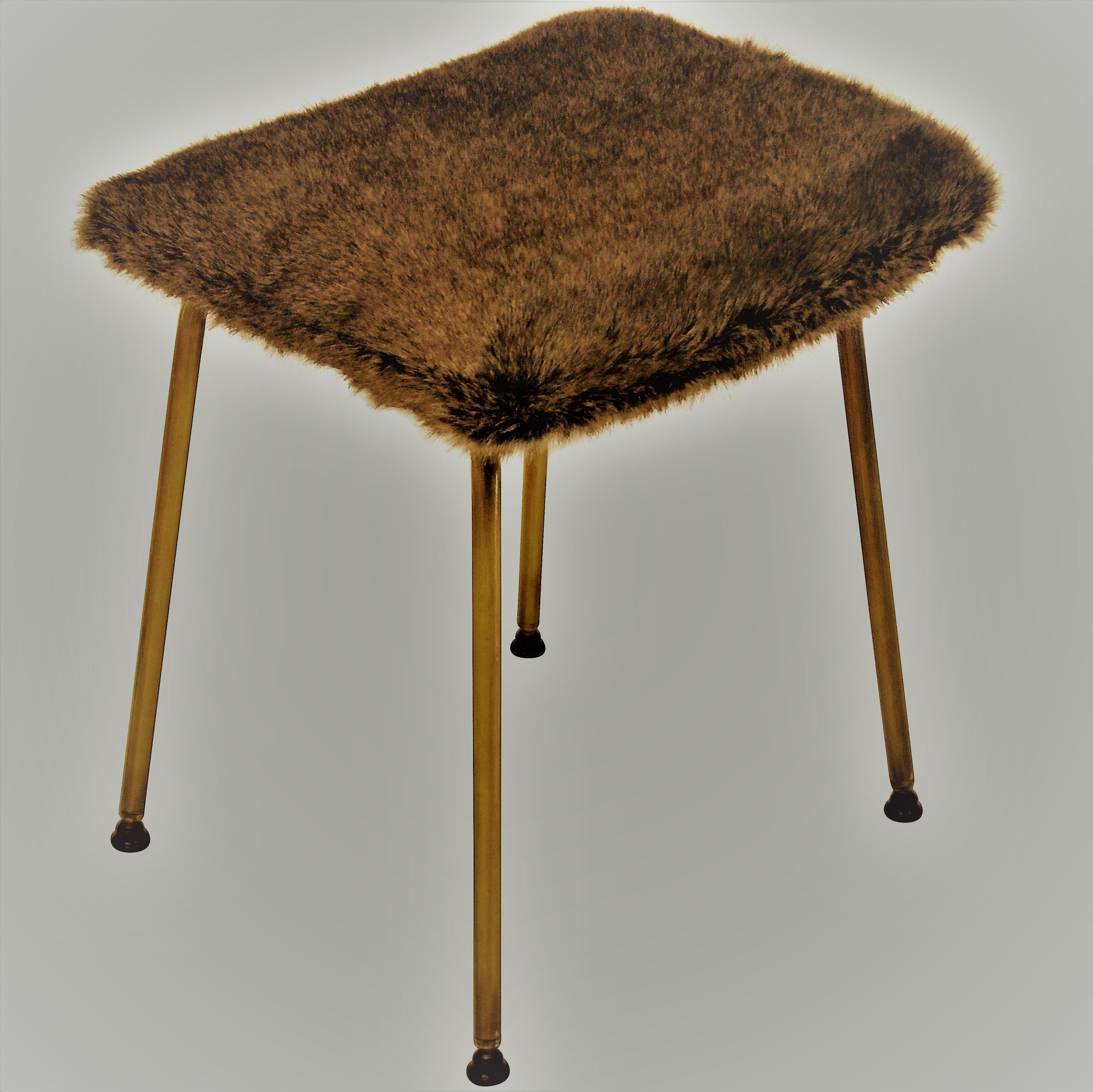 Midcentury Stool with Fur Seat In Excellent Condition In London, GB