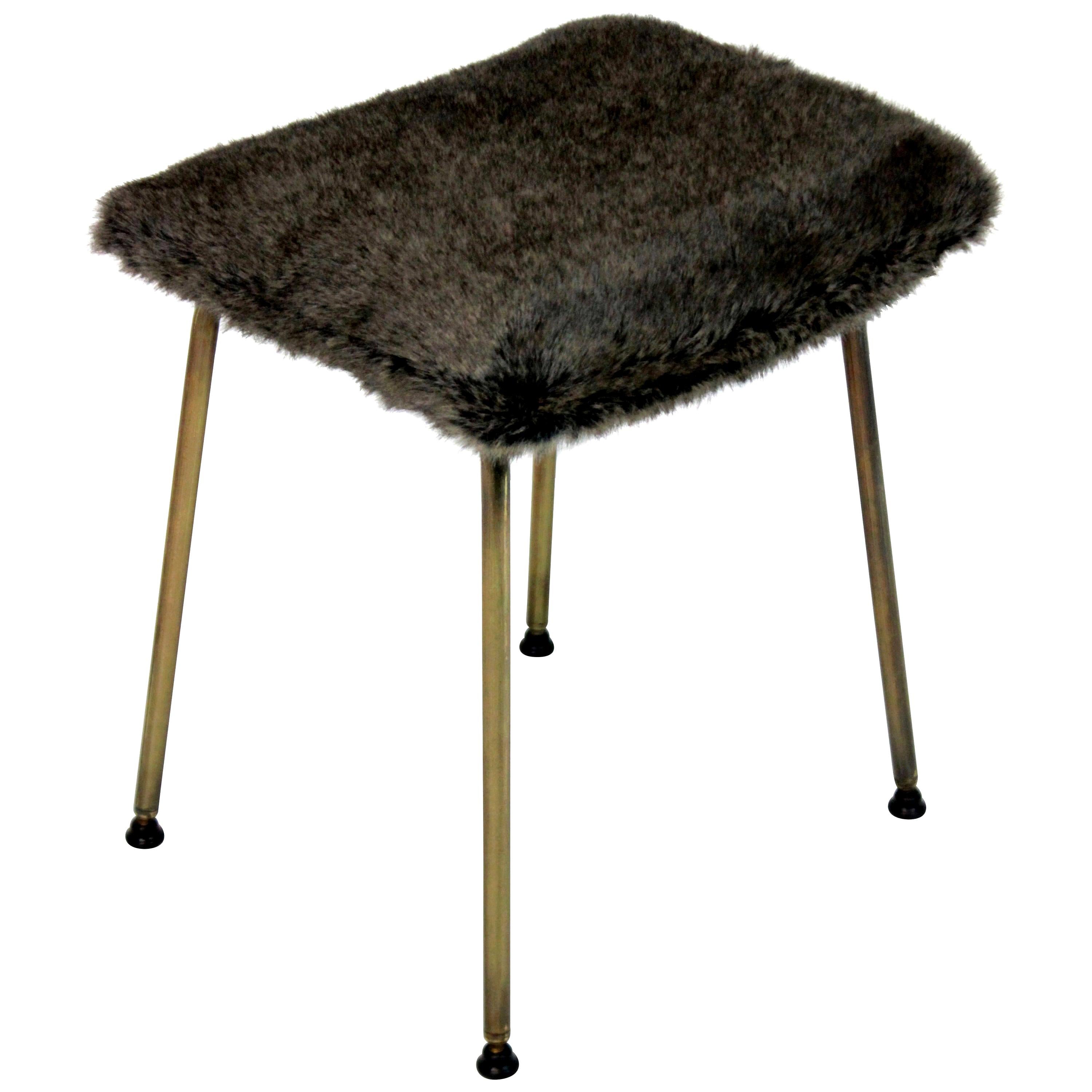 Midcentury Stool with Fur Seat