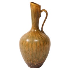 MidCentury Striated Yellow Glazed Ceramic Pitcher by Gunnar Nyland for Rörstrand