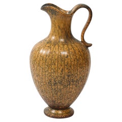 Midcentury Striated Yellow Glazed Ceramic Pitcher by Gunnar Nylund for Rörstrand