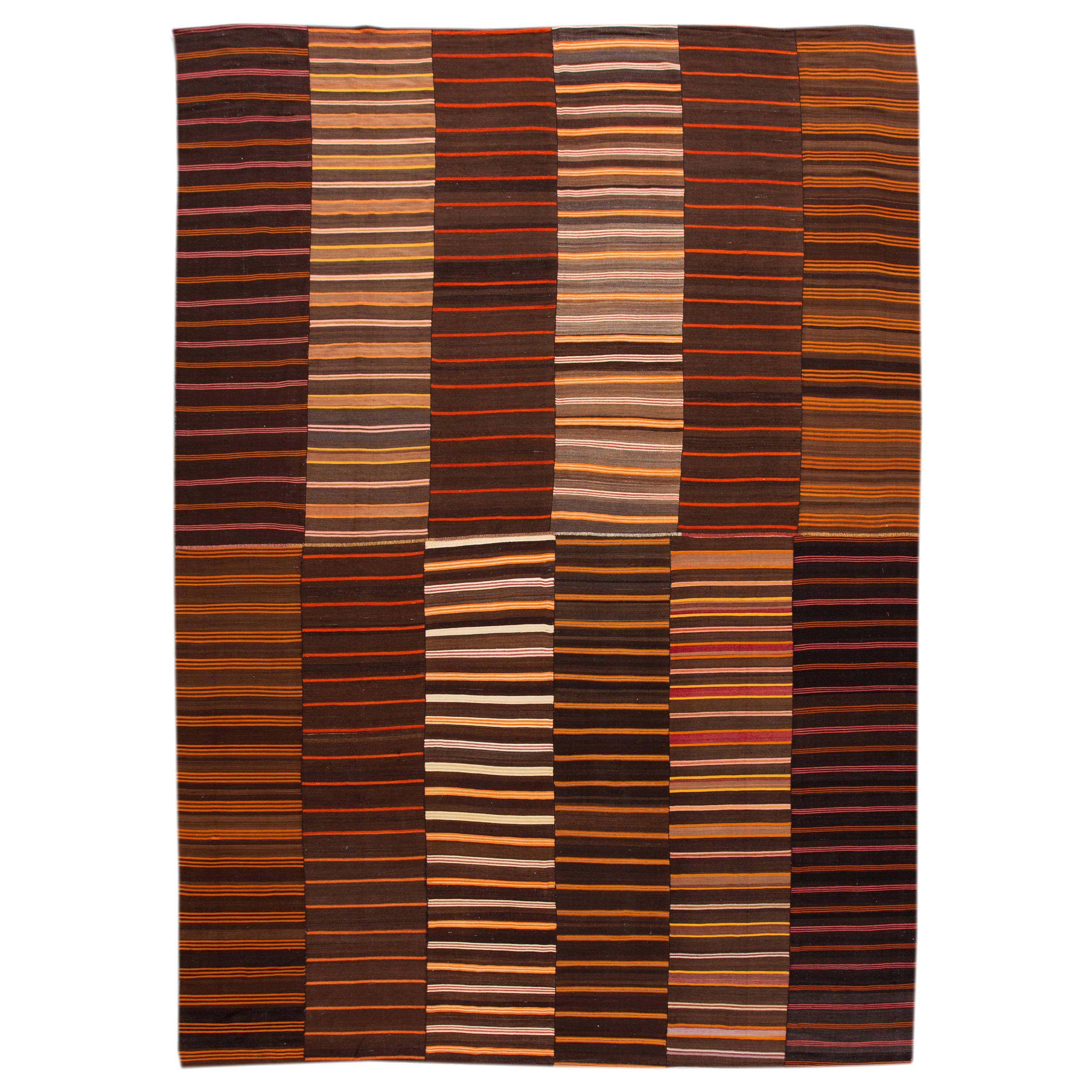 Midcentury Striped Flat-Weave Handmade Brown Wool Rug