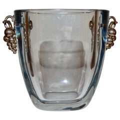 Mid-Century Stromberg Blue Tinted Glass Ice Bucket with Hallmarked Silver Handle